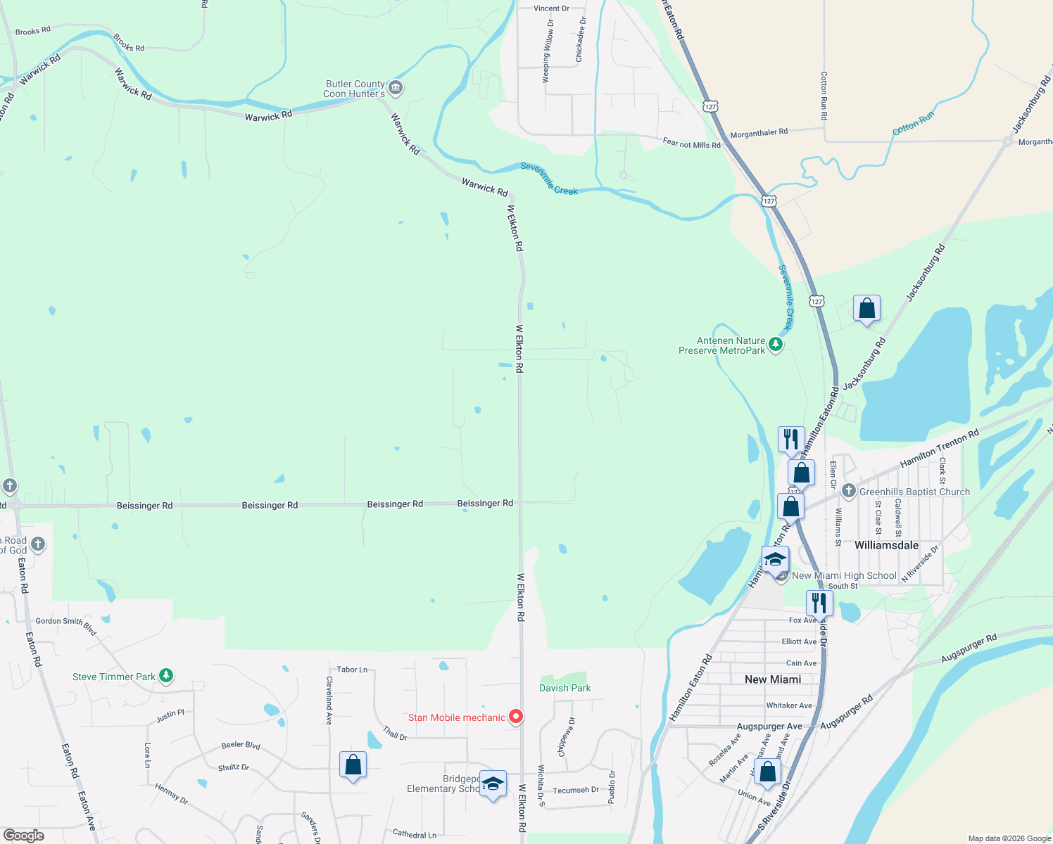 map of restaurants, bars, coffee shops, grocery stores, and more near 2244 West Elkton Road in Hamilton