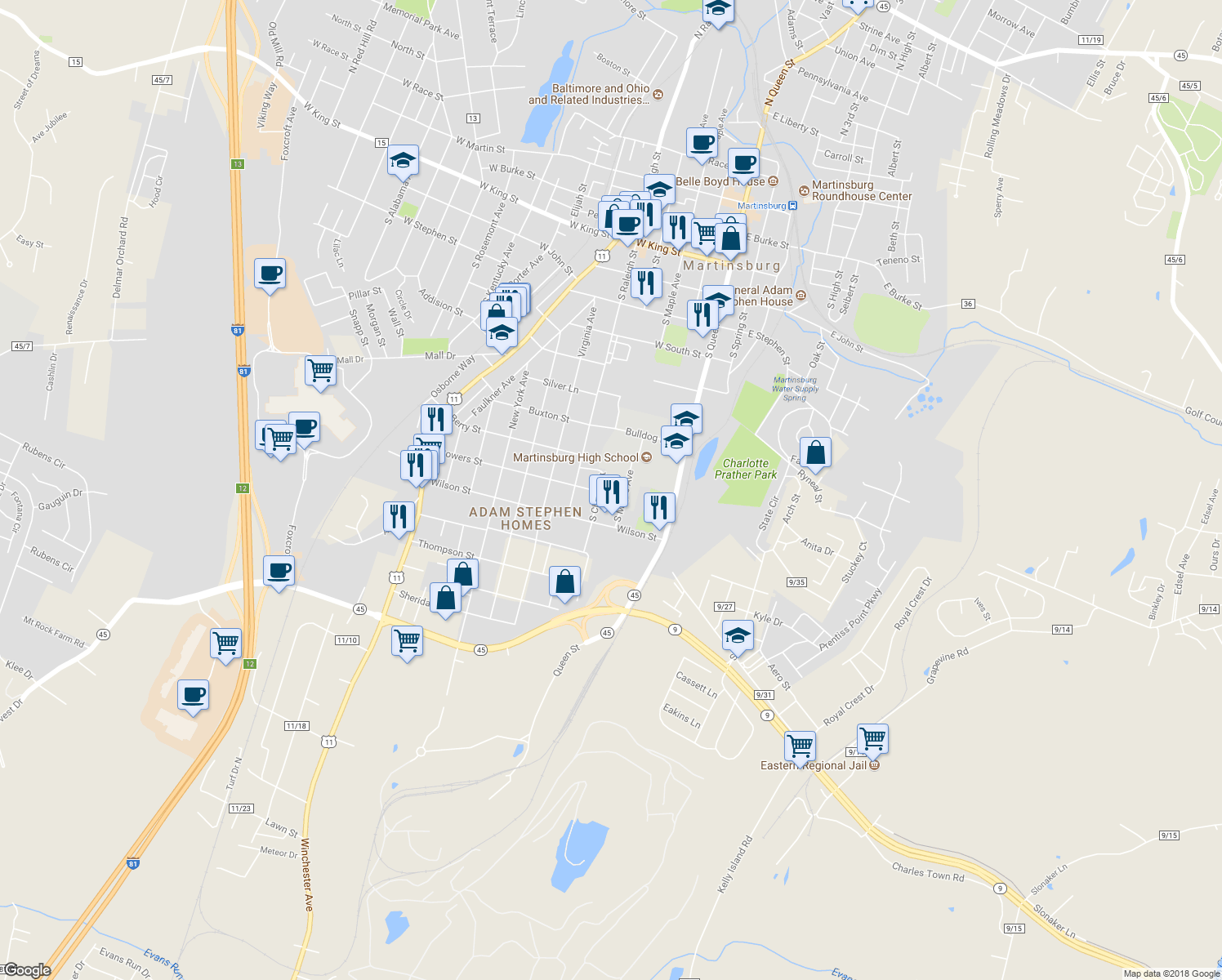 map of restaurants, bars, coffee shops, grocery stores, and more near 304 Bowers Street in Martinsburg