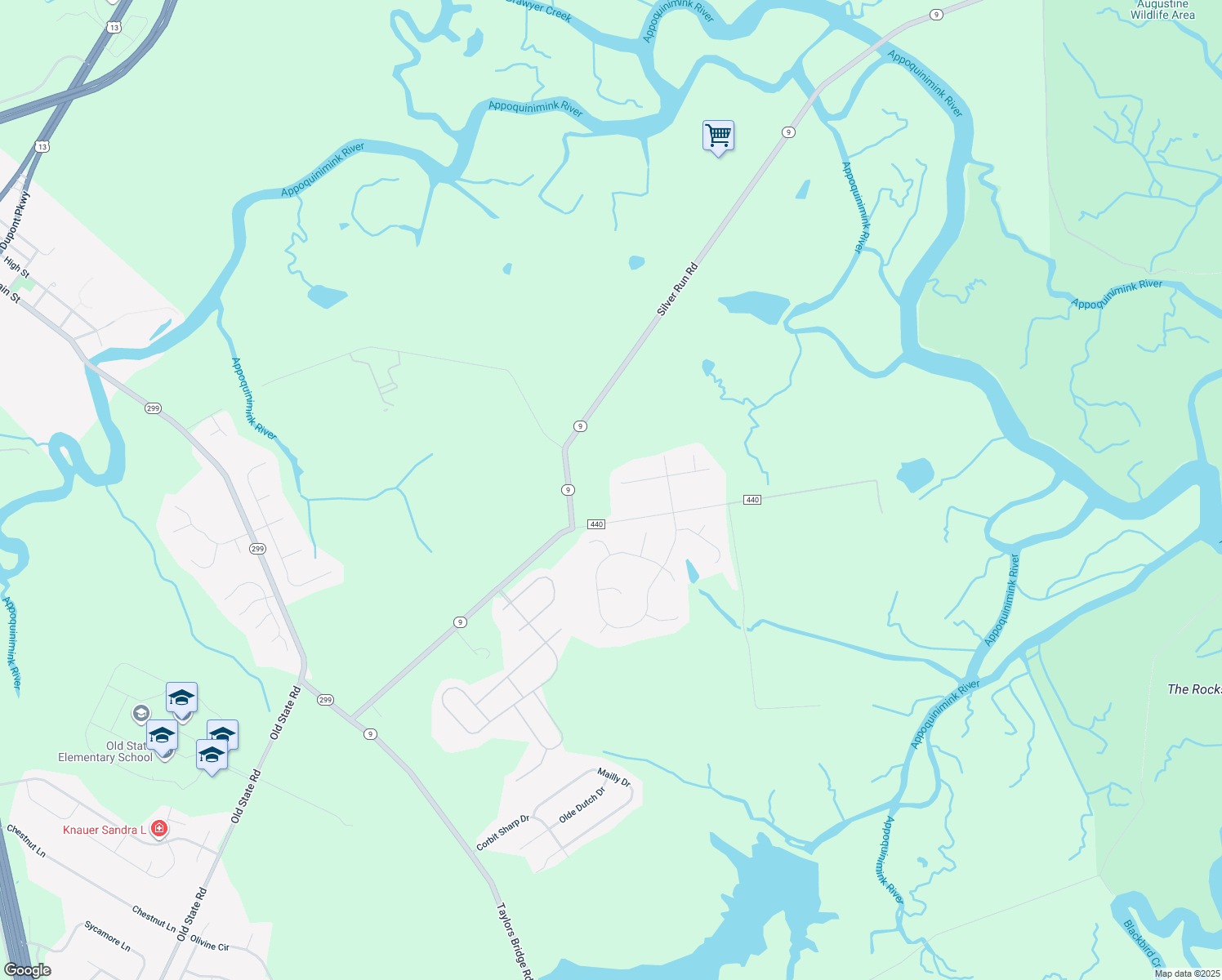 map of restaurants, bars, coffee shops, grocery stores, and more near 214 West Thomas Court in Middletown