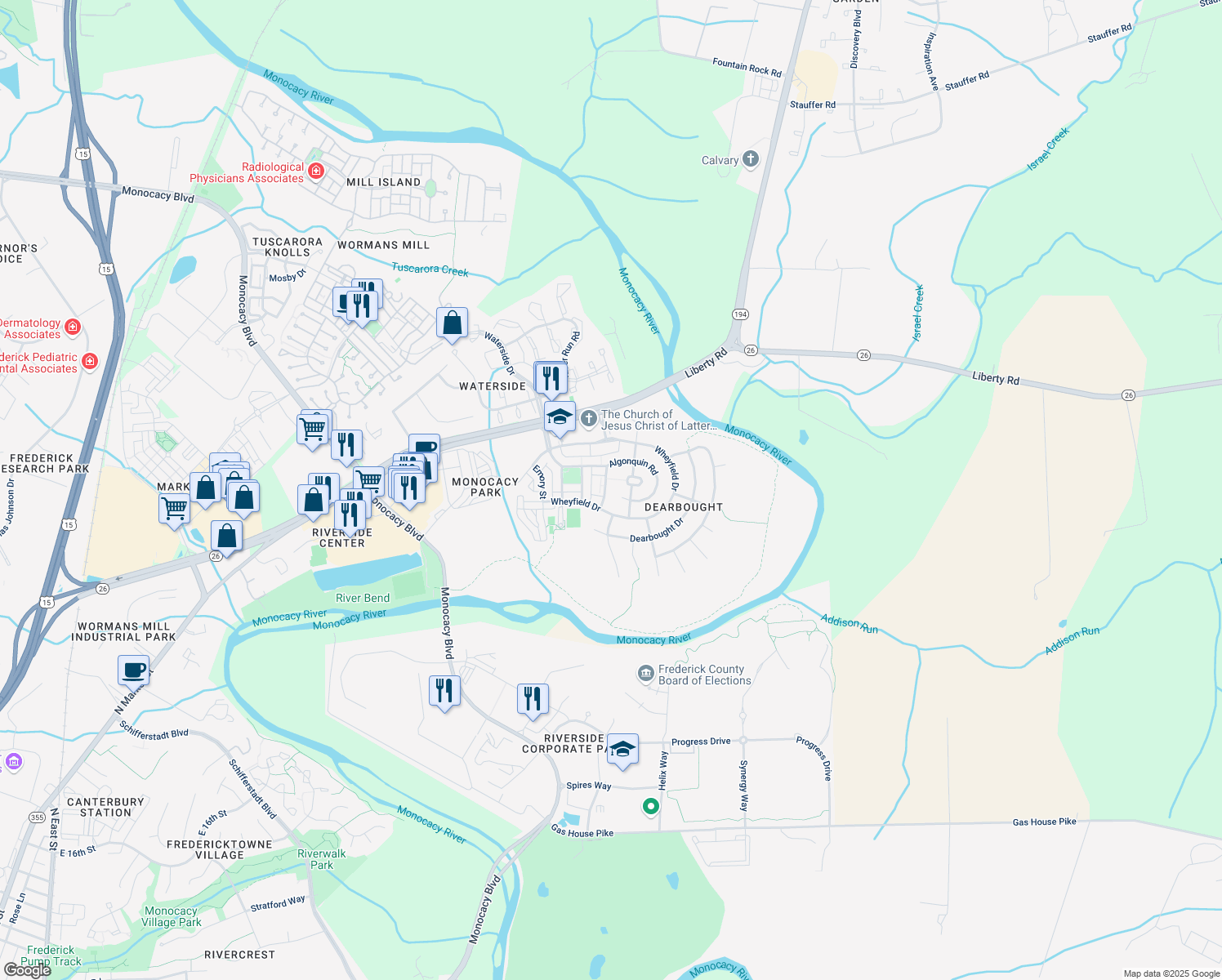 map of restaurants, bars, coffee shops, grocery stores, and more near 1708 Algonquin Road in Frederick