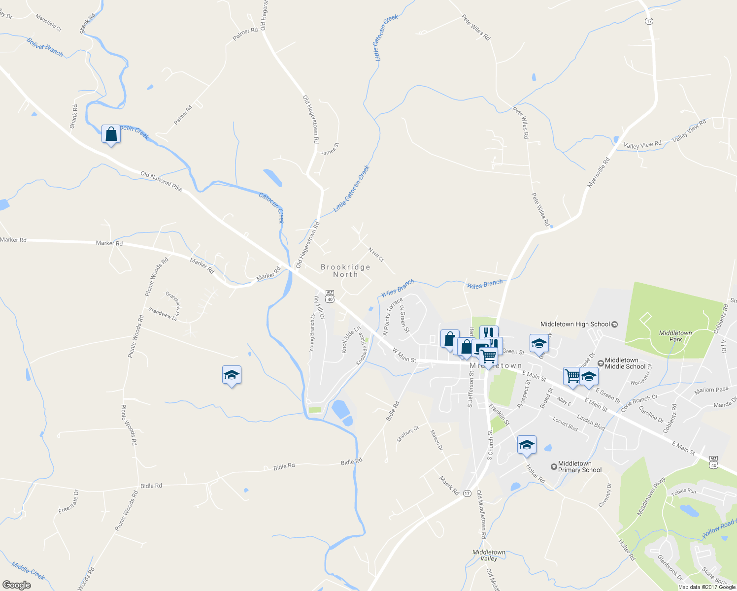 map of restaurants, bars, coffee shops, grocery stores, and more near 8009 East Brookridge Drive in Middletown