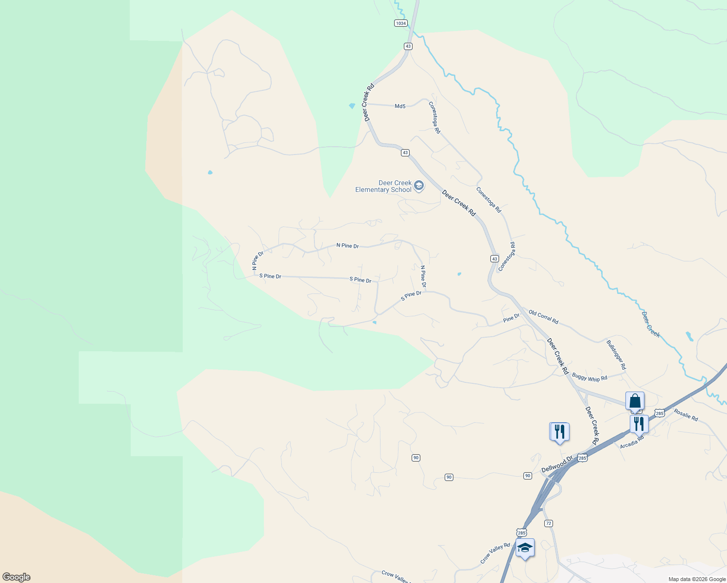 map of restaurants, bars, coffee shops, grocery stores, and more near 416 South Pine Drive in Bailey