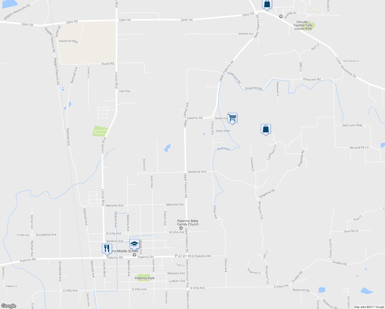 map of restaurants, bars, coffee shops, grocery stores, and more near 6801 Upper Palermo Road in Oroville