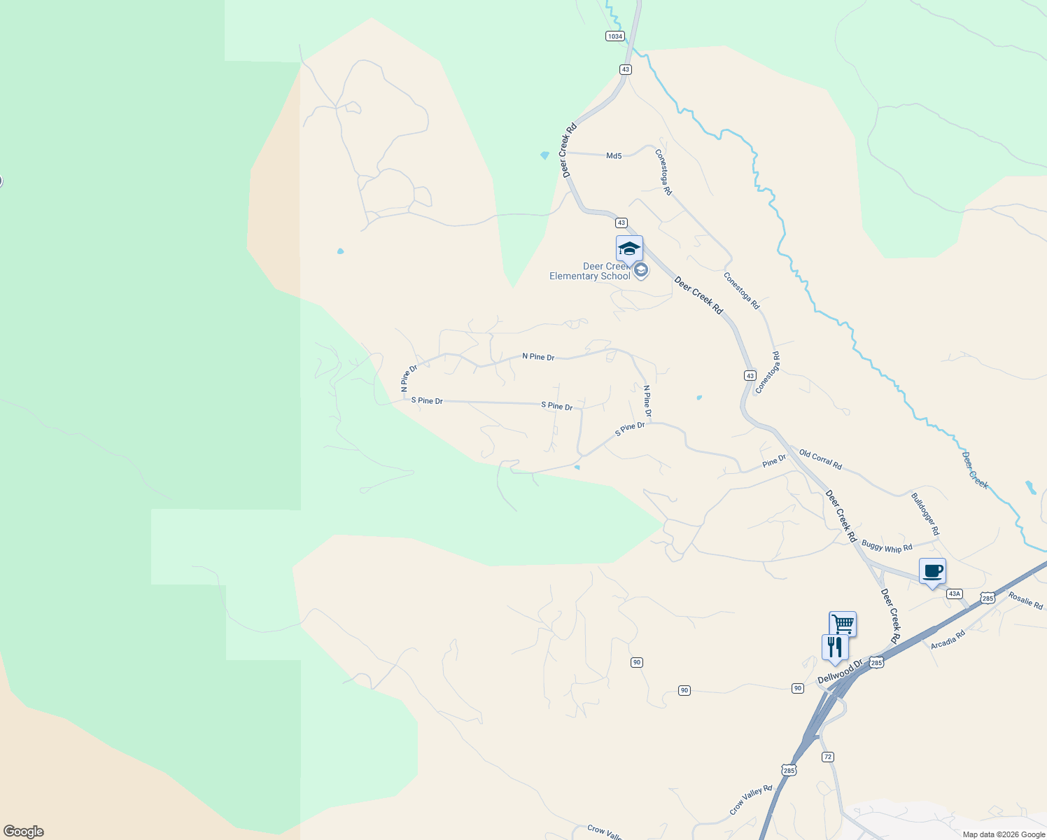 map of restaurants, bars, coffee shops, grocery stores, and more near 201 Moss Rock Road in Bailey