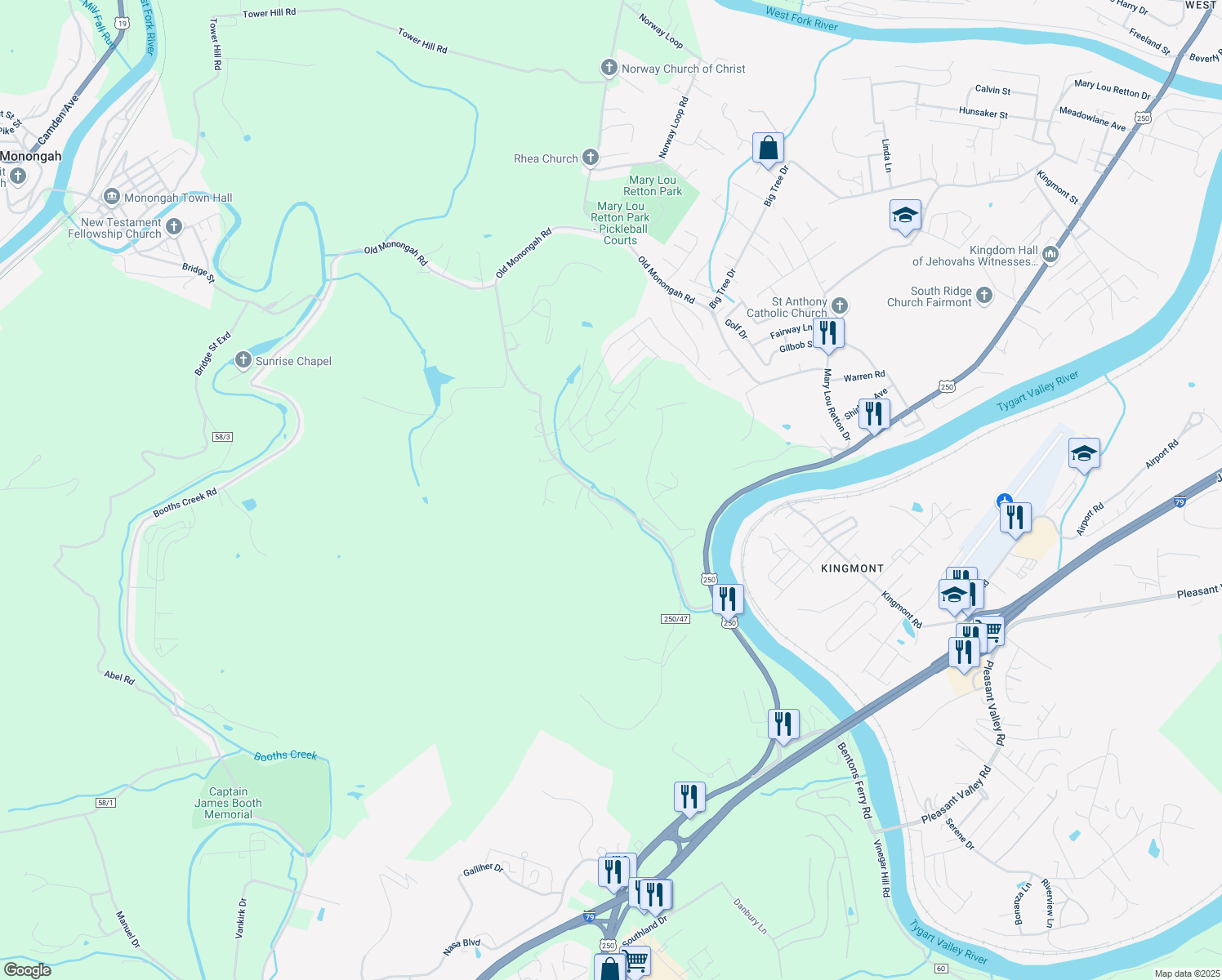 map of restaurants, bars, coffee shops, grocery stores, and more near 302-340 Holbert Road in Fairmont