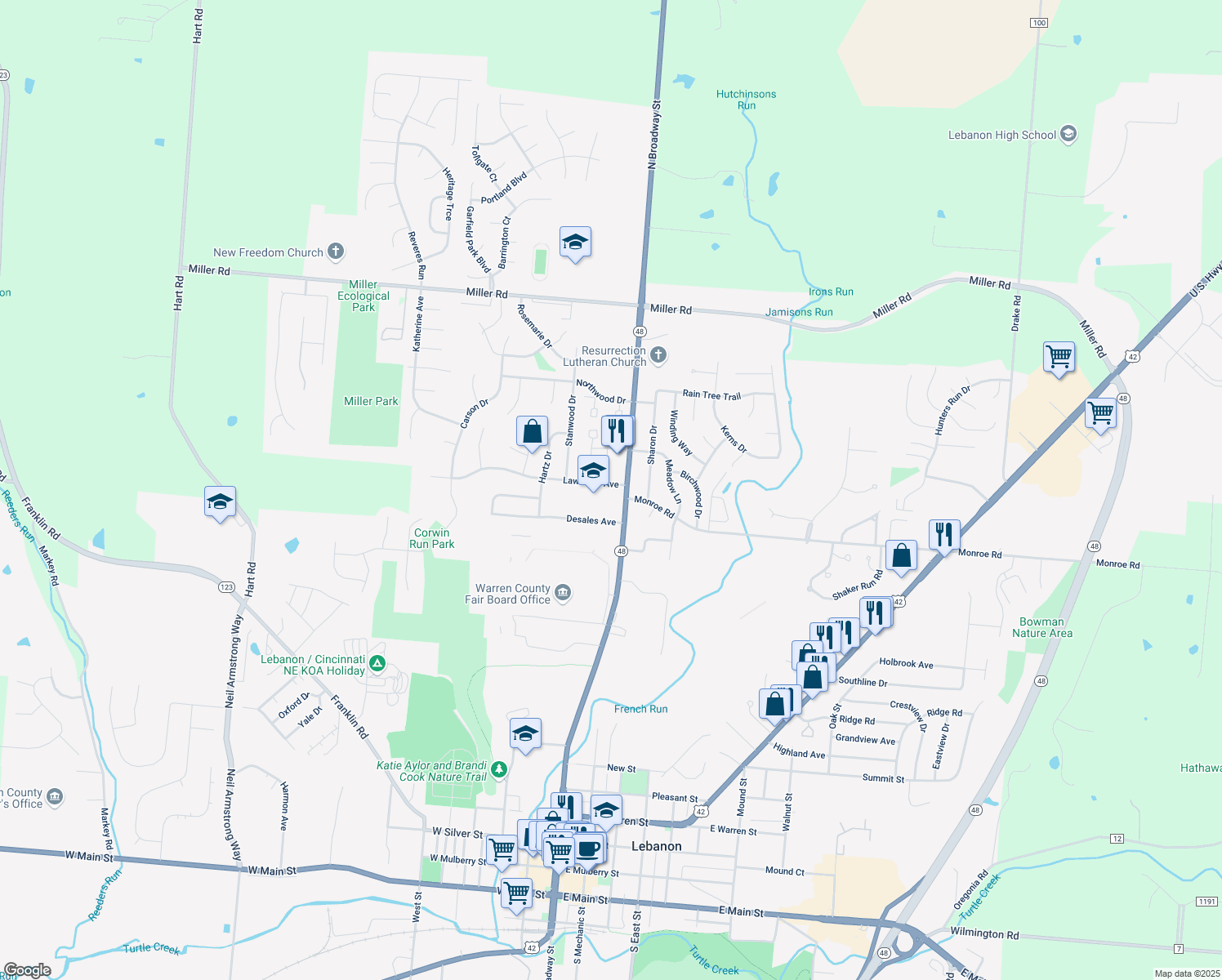 map of restaurants, bars, coffee shops, grocery stores, and more near 5 Lawndale Avenue in Lebanon