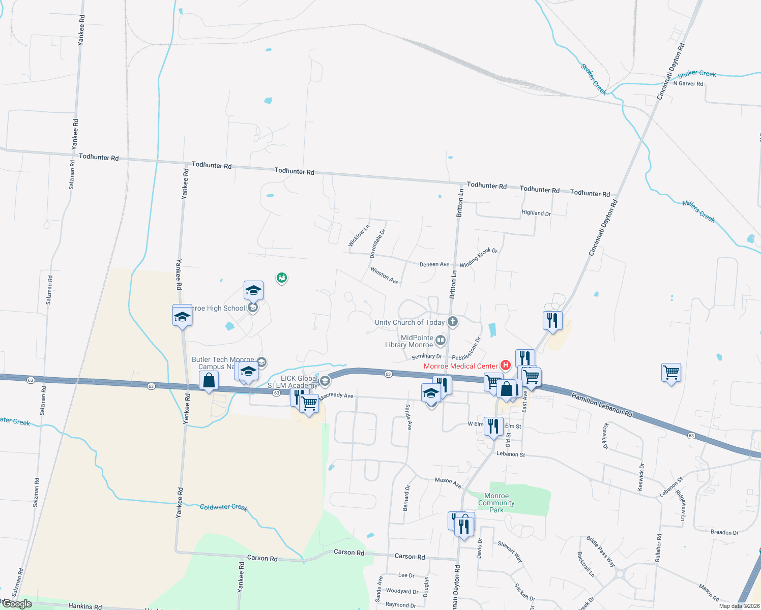 map of restaurants, bars, coffee shops, grocery stores, and more near 333 Wexford Way in Monroe