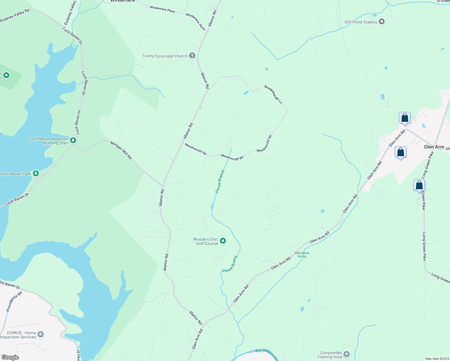 map of restaurants, bars, coffee shops, grocery stores, and more near 19 Manor Springs Court in Glen Arm