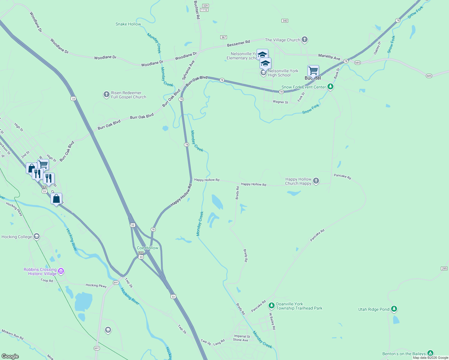 map of restaurants, bars, coffee shops, grocery stores, and more near 4626 Happy Hollow Road in Nelsonville
