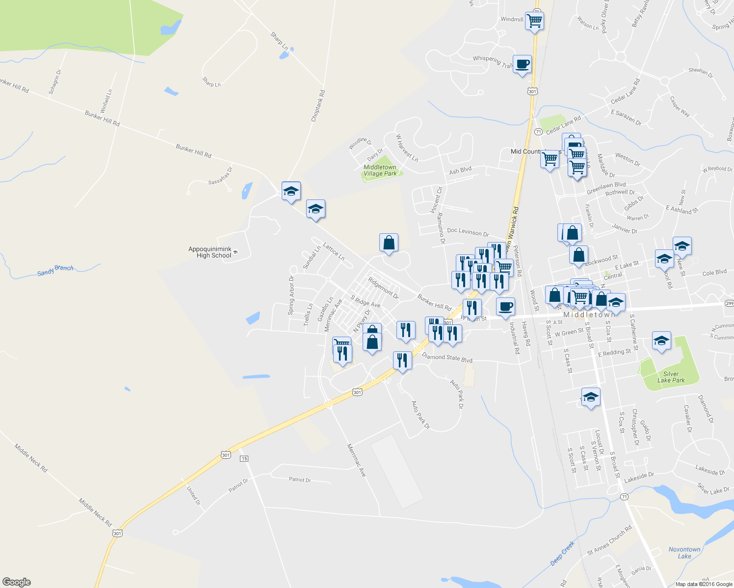 map of restaurants, bars, coffee shops, grocery stores, and more near 317 South Parkway Drive in Middletown