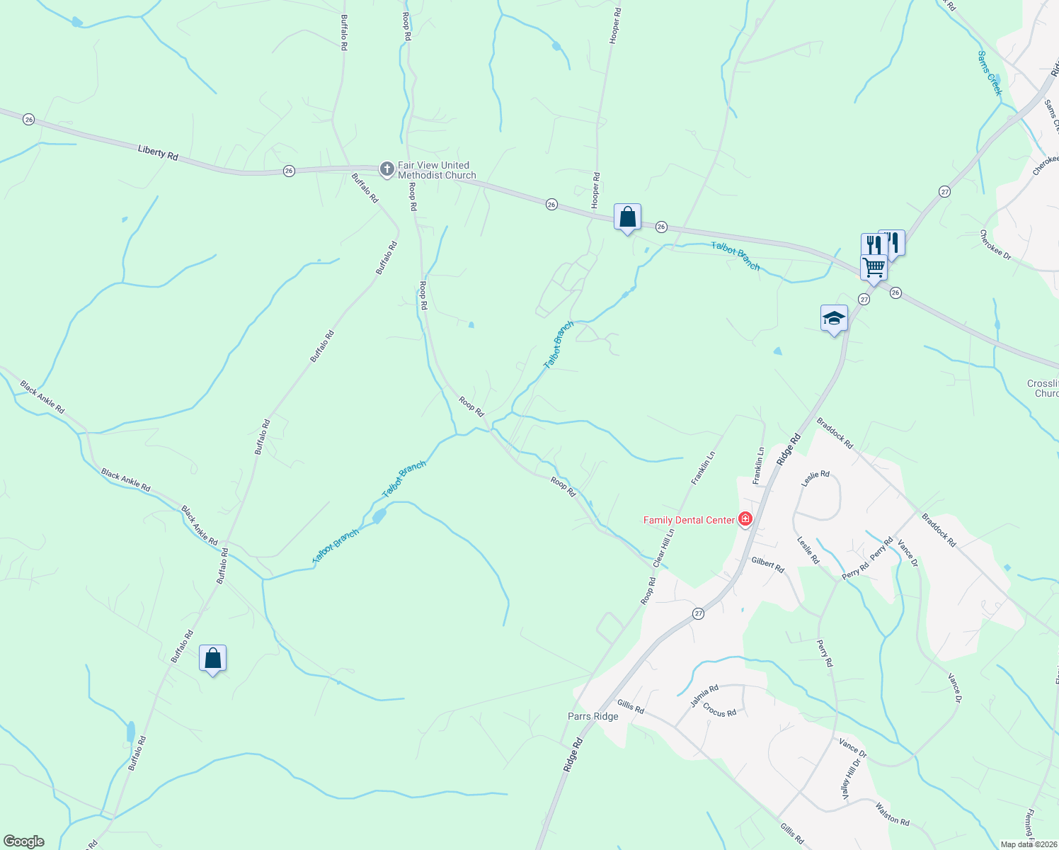 map of restaurants, bars, coffee shops, grocery stores, and more near 4521 Roop Road in Mount Airy
