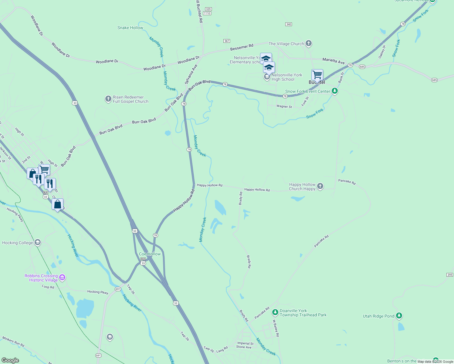 map of restaurants, bars, coffee shops, grocery stores, and more near 4626 Happy Hollow Road in Nelsonville