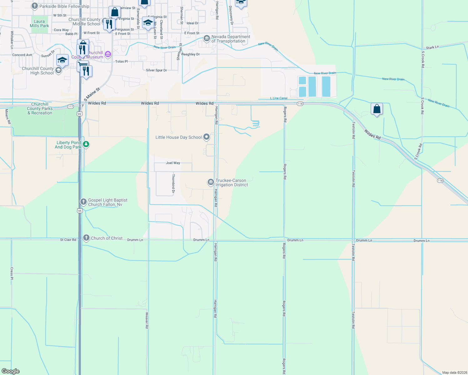 map of restaurants, bars, coffee shops, grocery stores, and more near 2625 Harrigan Rd in Fallon