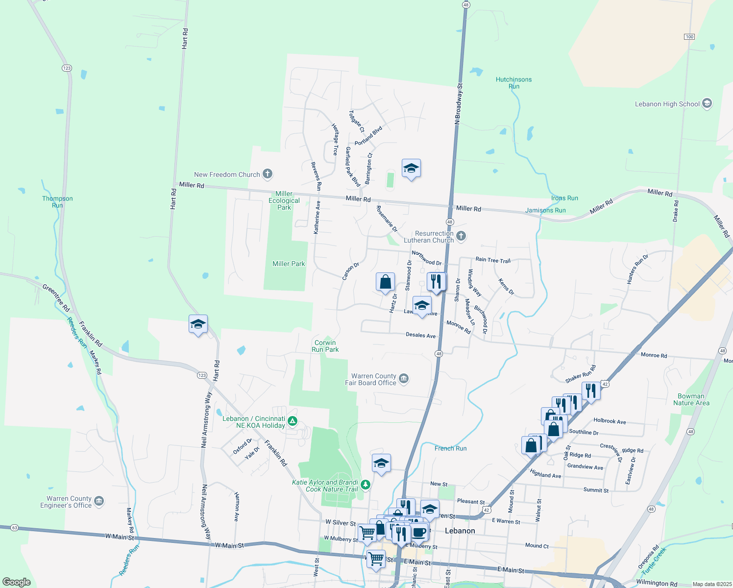 map of restaurants, bars, coffee shops, grocery stores, and more near 209 Hallie Court in Lebanon