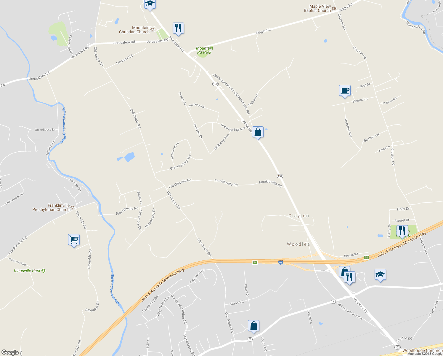 map of restaurants, bars, coffee shops, grocery stores, and more near 2602 Franklinville Road in Harford County