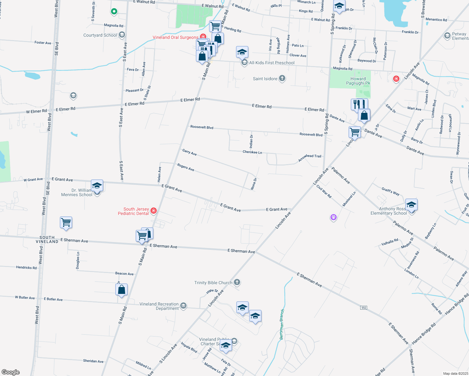map of restaurants, bars, coffee shops, grocery stores, and more near 1385 Rogers Ave in Vineland