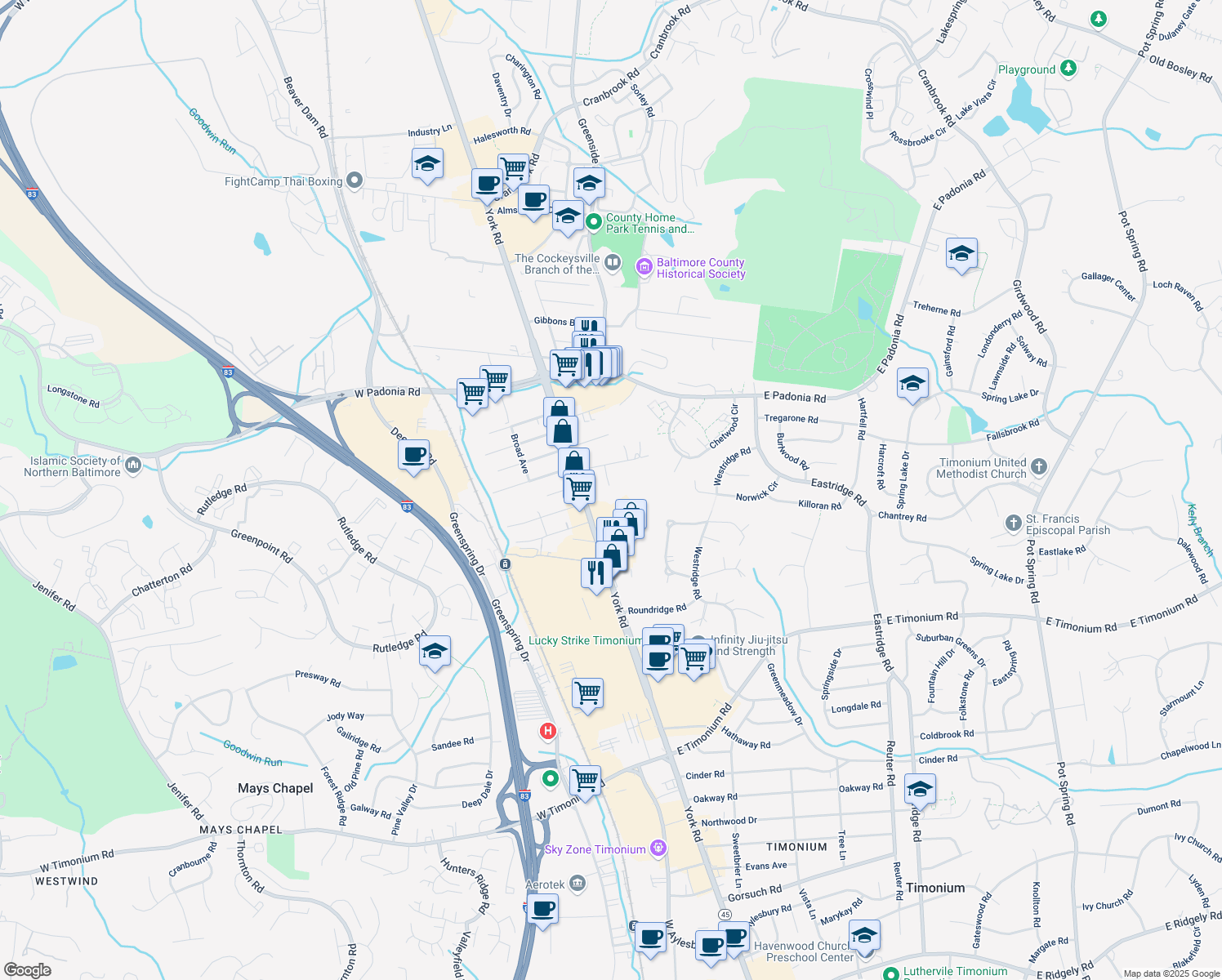 map of restaurants, bars, coffee shops, grocery stores, and more near 11 Talbott Ave in Lutherville-Timonium