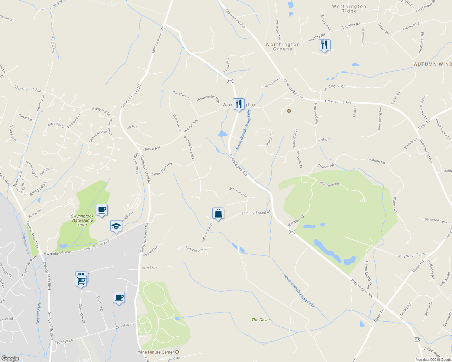 map of restaurants, bars, coffee shops, grocery stores, and more near 11914 Minor Jones Drive in Owings Mills