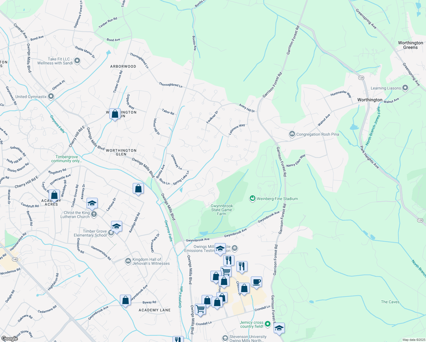 map of restaurants, bars, coffee shops, grocery stores, and more near 3 Red Maple Court in Owings Mills
