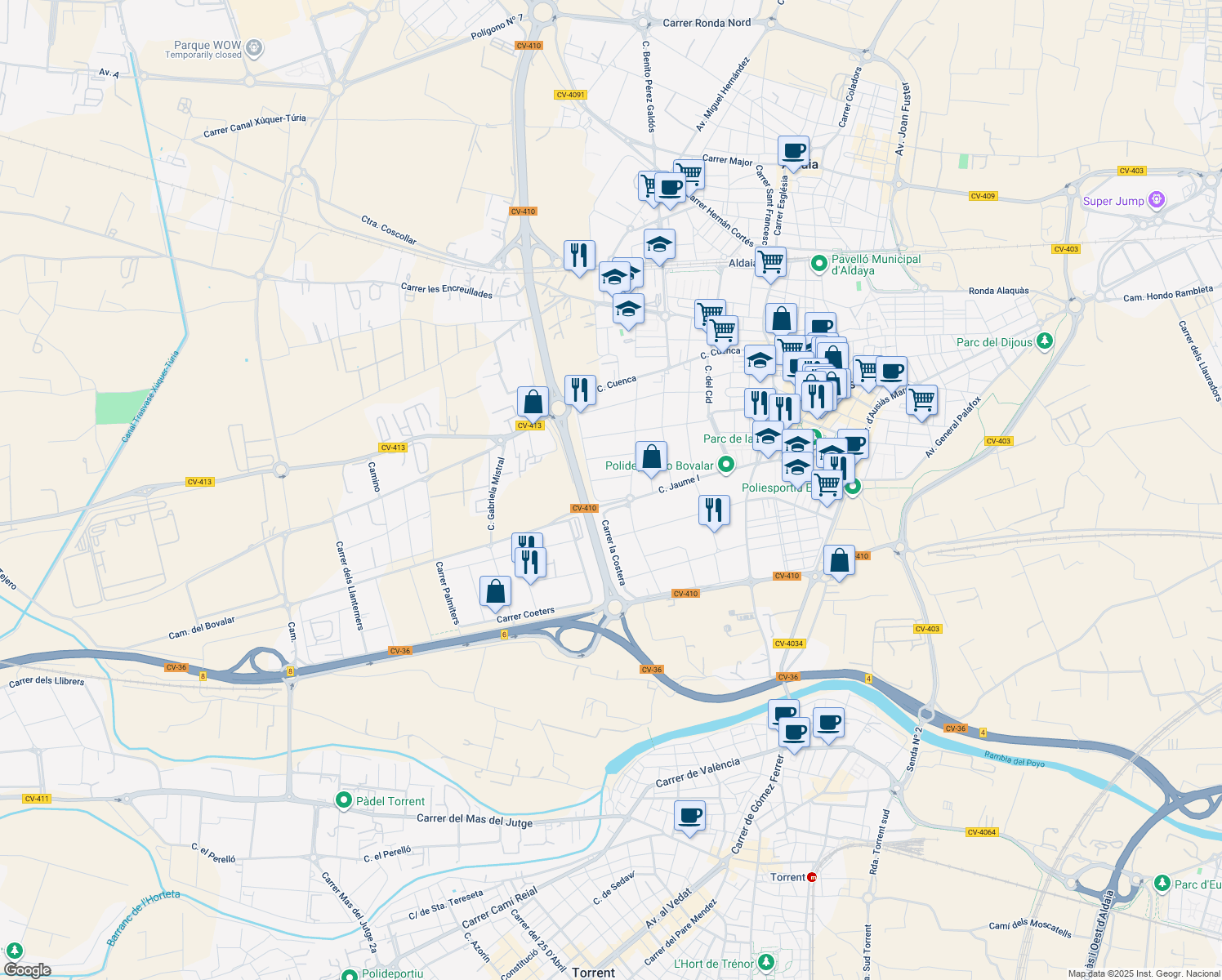 map of restaurants, bars, coffee shops, grocery stores, and more near in Valencia
