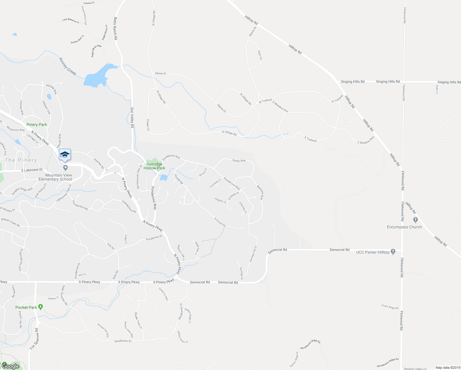 map of restaurants, bars, coffee shops, grocery stores, and more near 6111 N Ponderosa Way in Parker