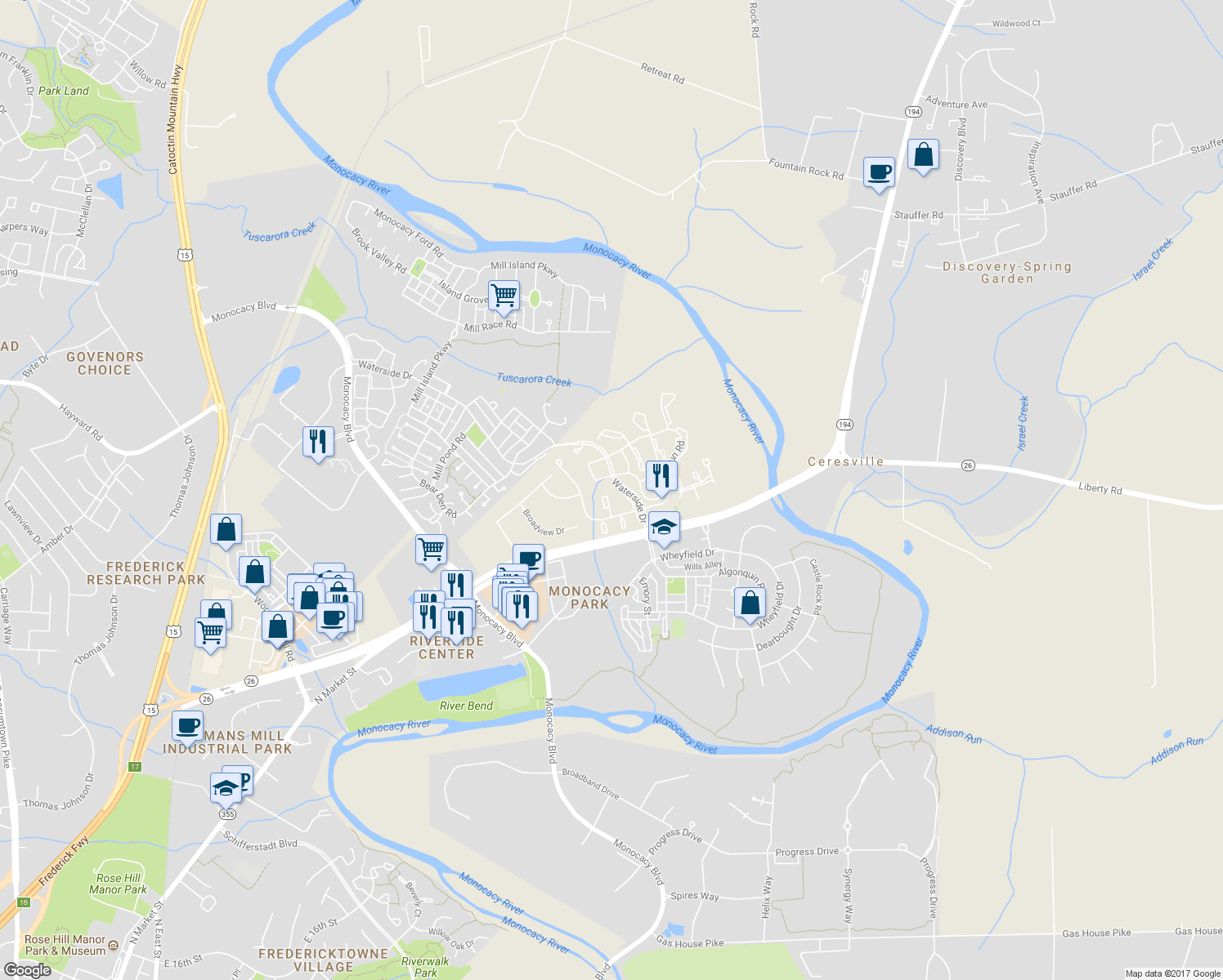 map of restaurants, bars, coffee shops, grocery stores, and more near 8017 Cattail Court in Frederick