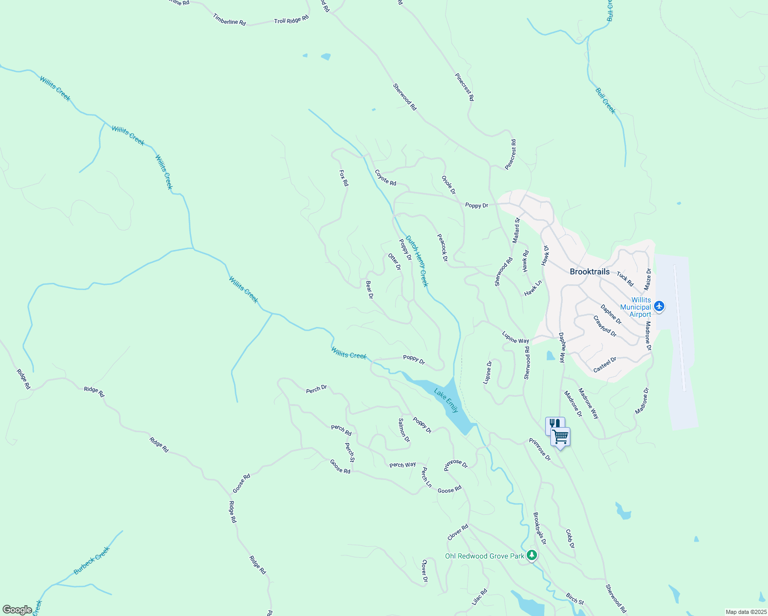 map of restaurants, bars, coffee shops, grocery stores, and more near 26901 Bear Drive in Willits