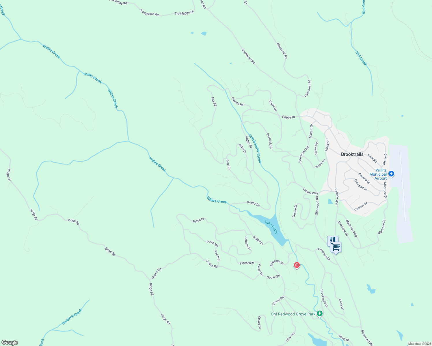 map of restaurants, bars, coffee shops, grocery stores, and more near 2484 Bear Place in Willits