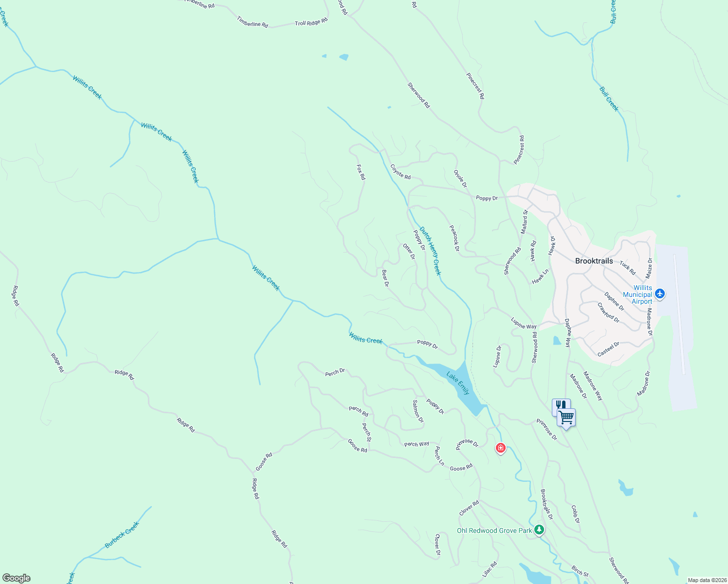 map of restaurants, bars, coffee shops, grocery stores, and more near 2484 Bear Place in Willits