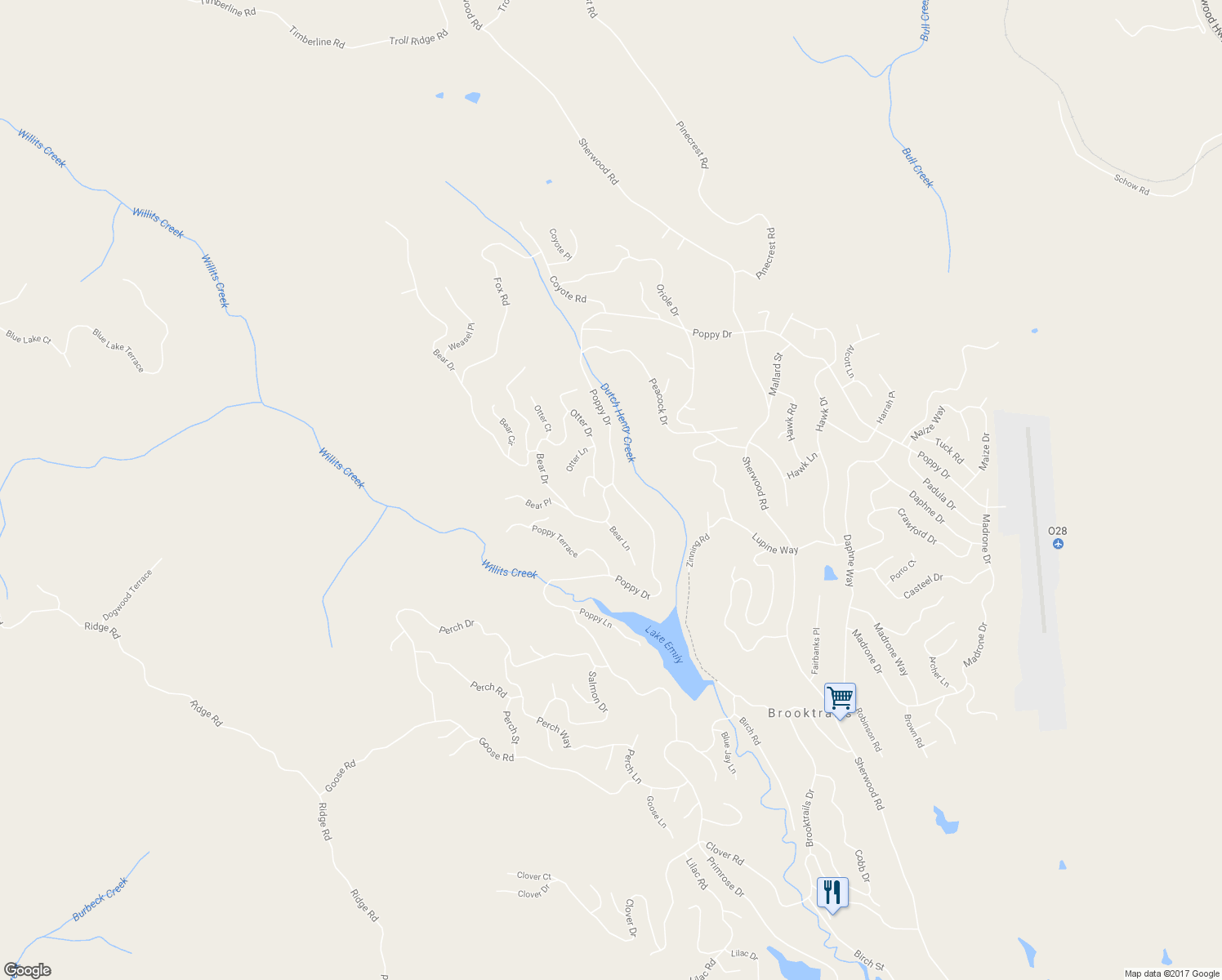 map of restaurants, bars, coffee shops, grocery stores, and more near 26580 Poppy Drive in Willits