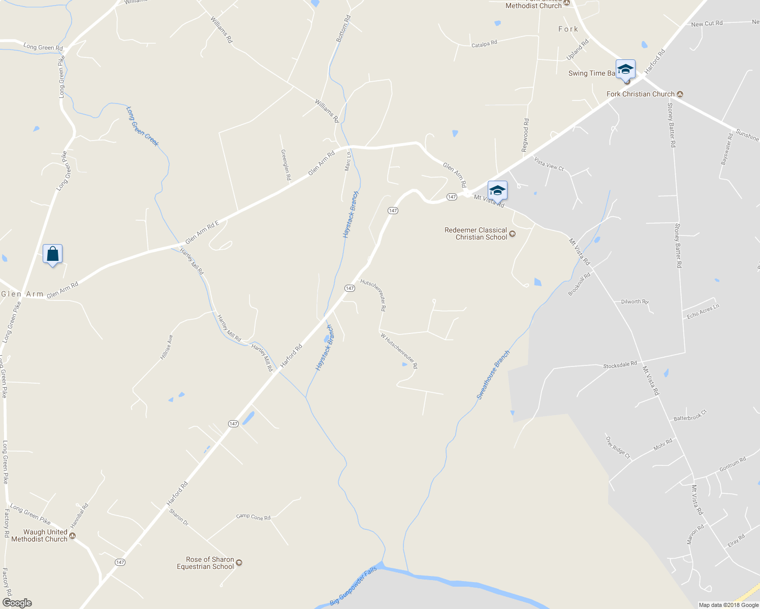 map of restaurants, bars, coffee shops, grocery stores, and more near 6121 Hutschenreuter Road in Glen Arm
