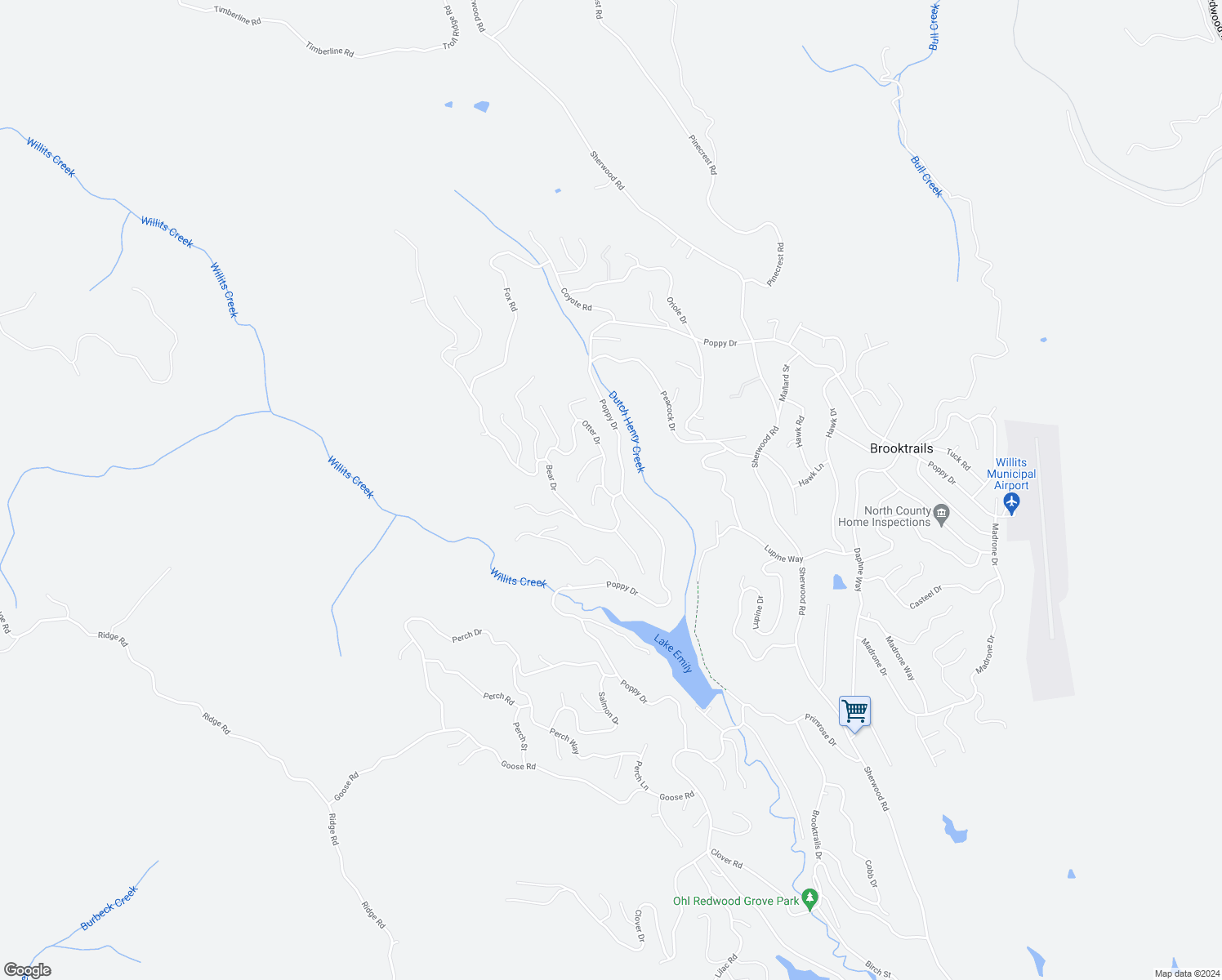 map of restaurants, bars, coffee shops, grocery stores, and more near 26580 Poppy Drive in Willits
