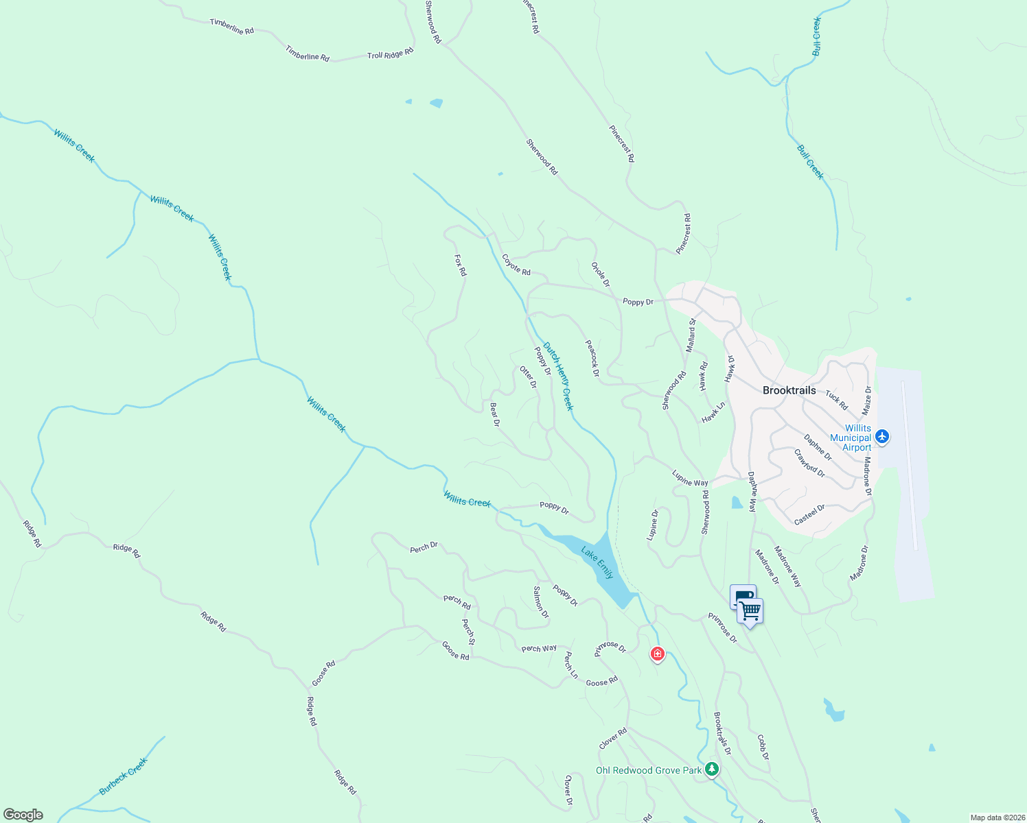 map of restaurants, bars, coffee shops, grocery stores, and more near 26288 Otter Drive in Willits