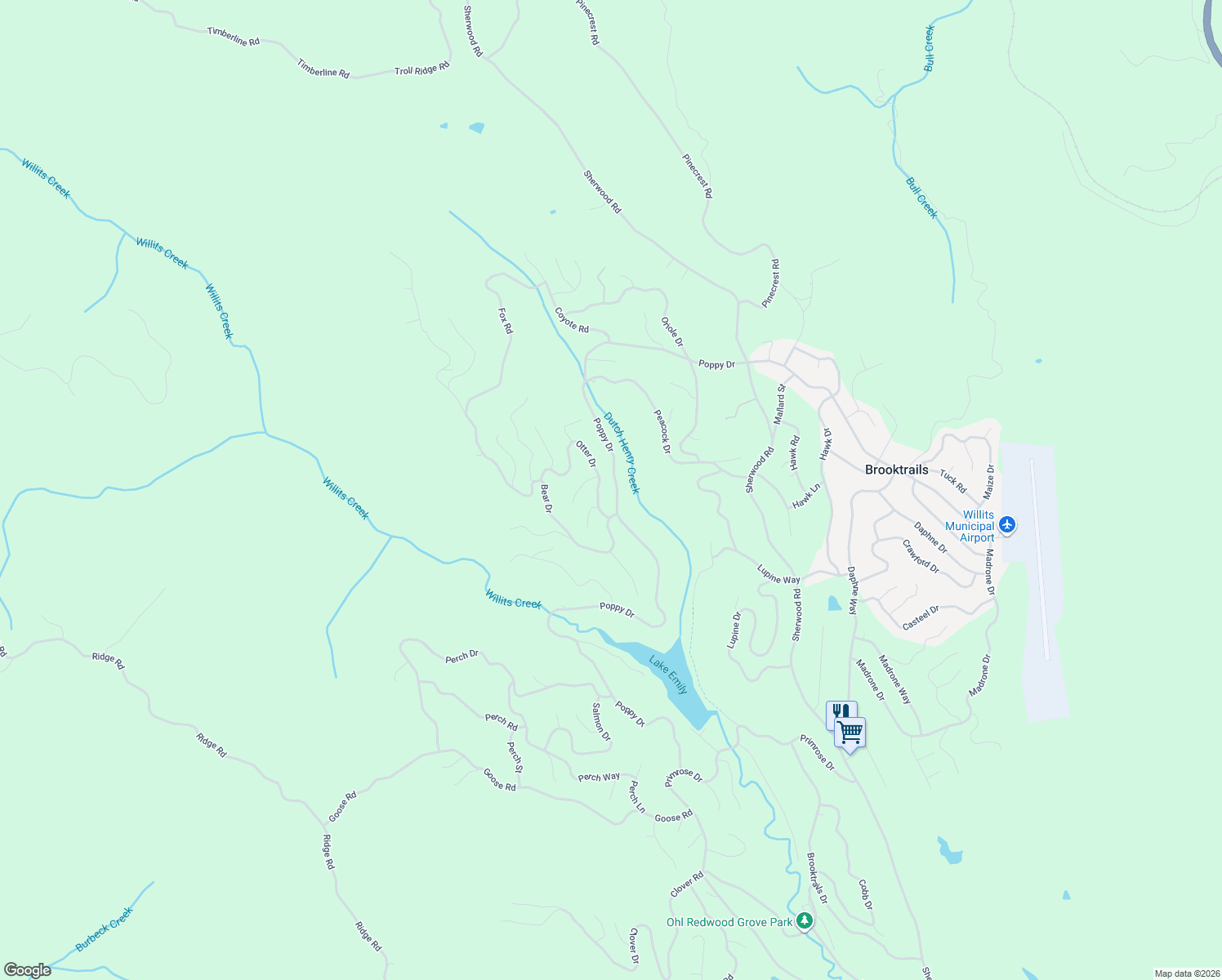 map of restaurants, bars, coffee shops, grocery stores, and more near 26650 Poppy Drive in Willits