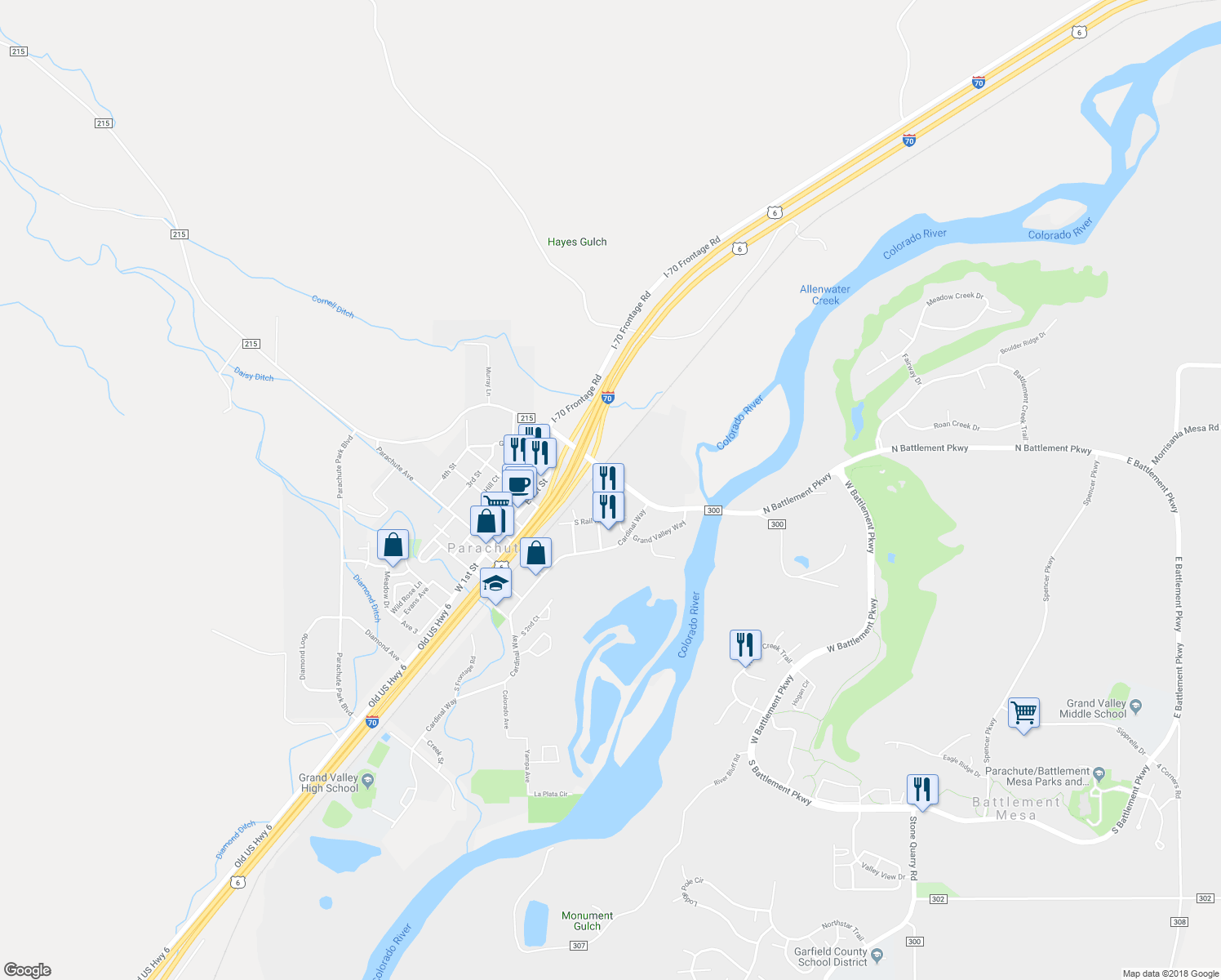 map of restaurants, bars, coffee shops, grocery stores, and more near 150 Columbine Court in Parachute