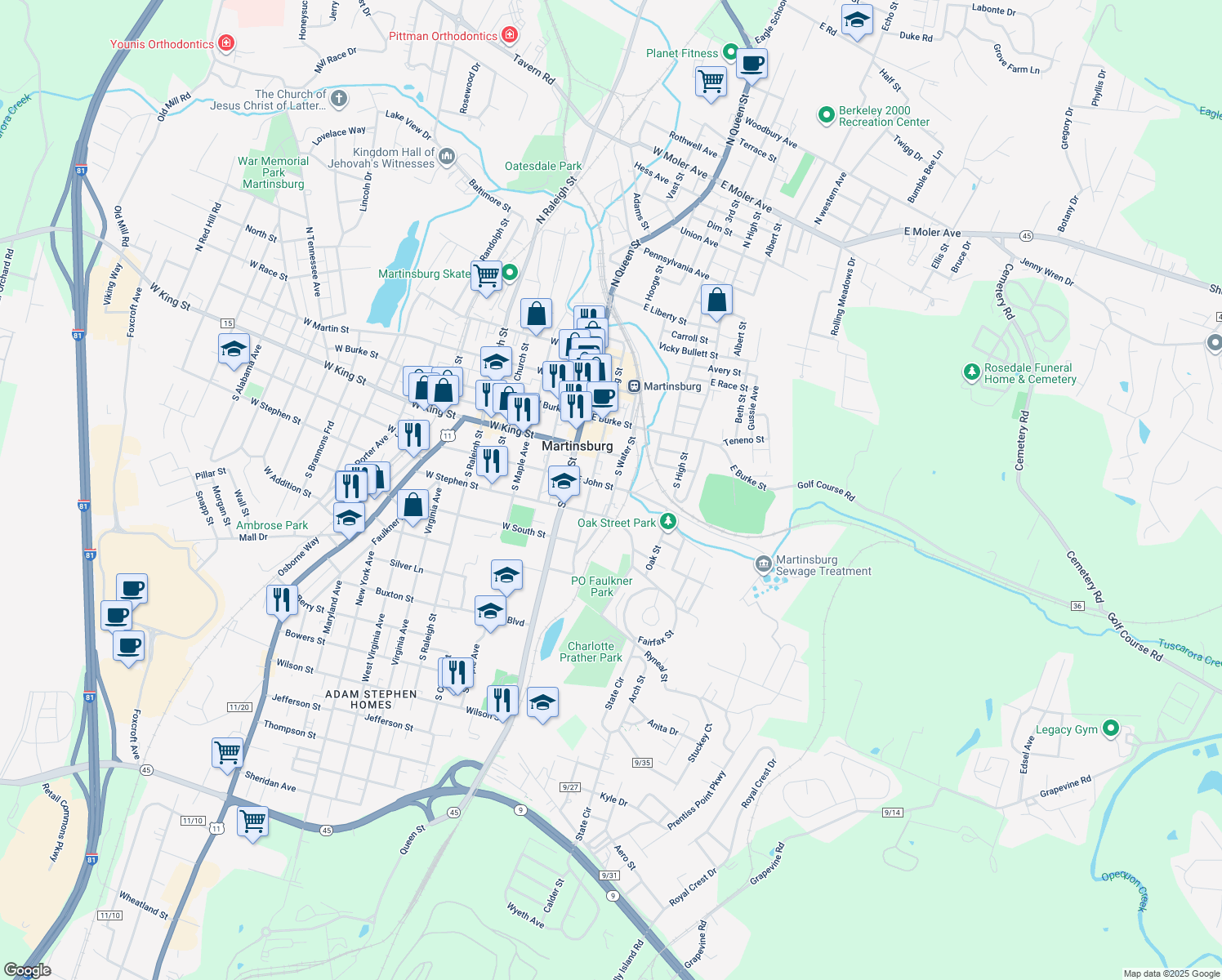 map of restaurants, bars, coffee shops, grocery stores, and more near 301 South Water Street in Martinsburg