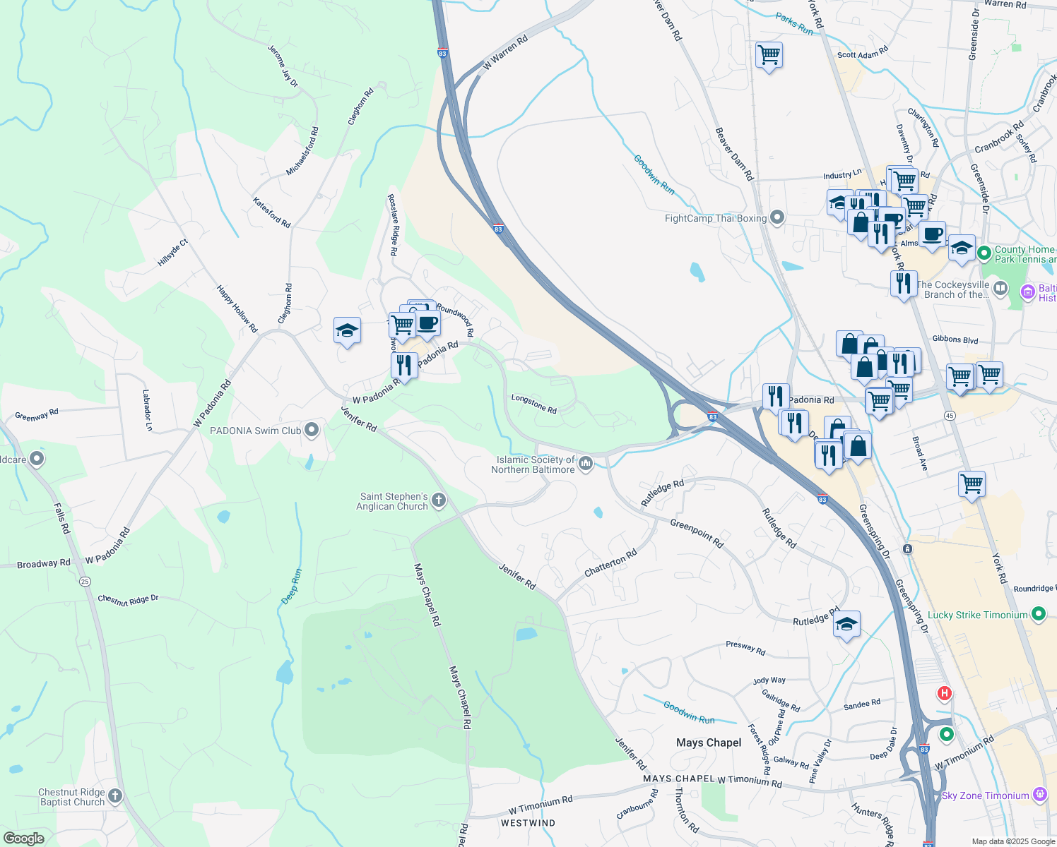 map of restaurants, bars, coffee shops, grocery stores, and more near 518 Kinsale Road in Lutherville-Timonium