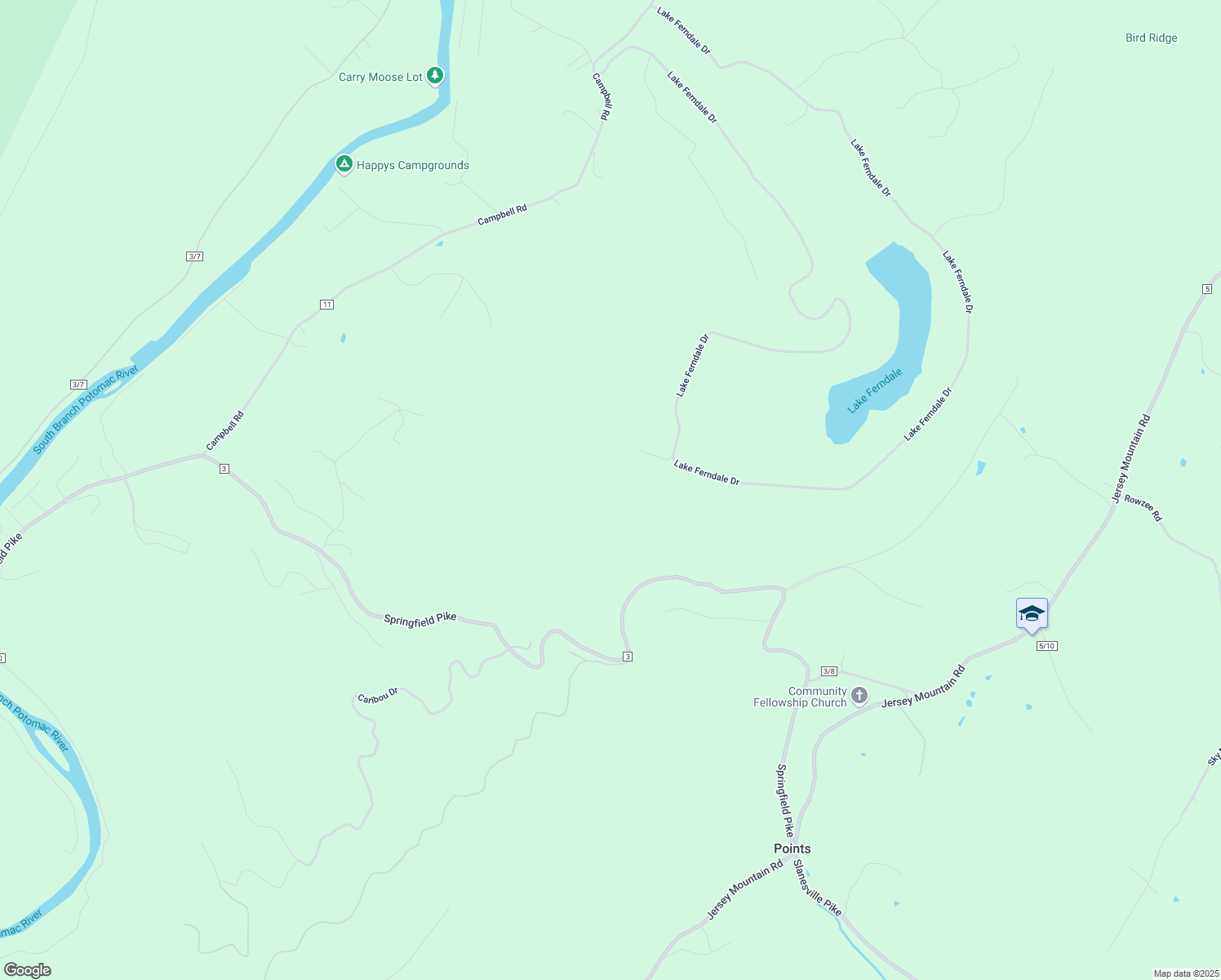 map of restaurants, bars, coffee shops, grocery stores, and more near 121 Fern Lane in Springfield