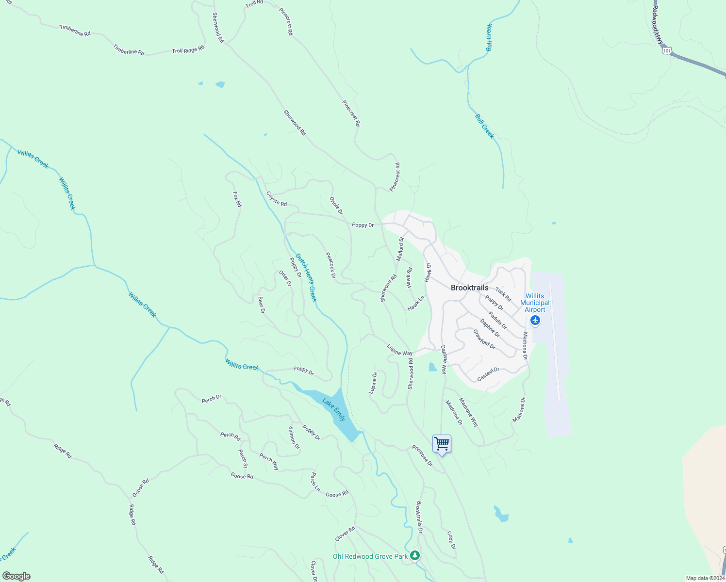 map of restaurants, bars, coffee shops, grocery stores, and more near 26111 Peacock Road in Willits