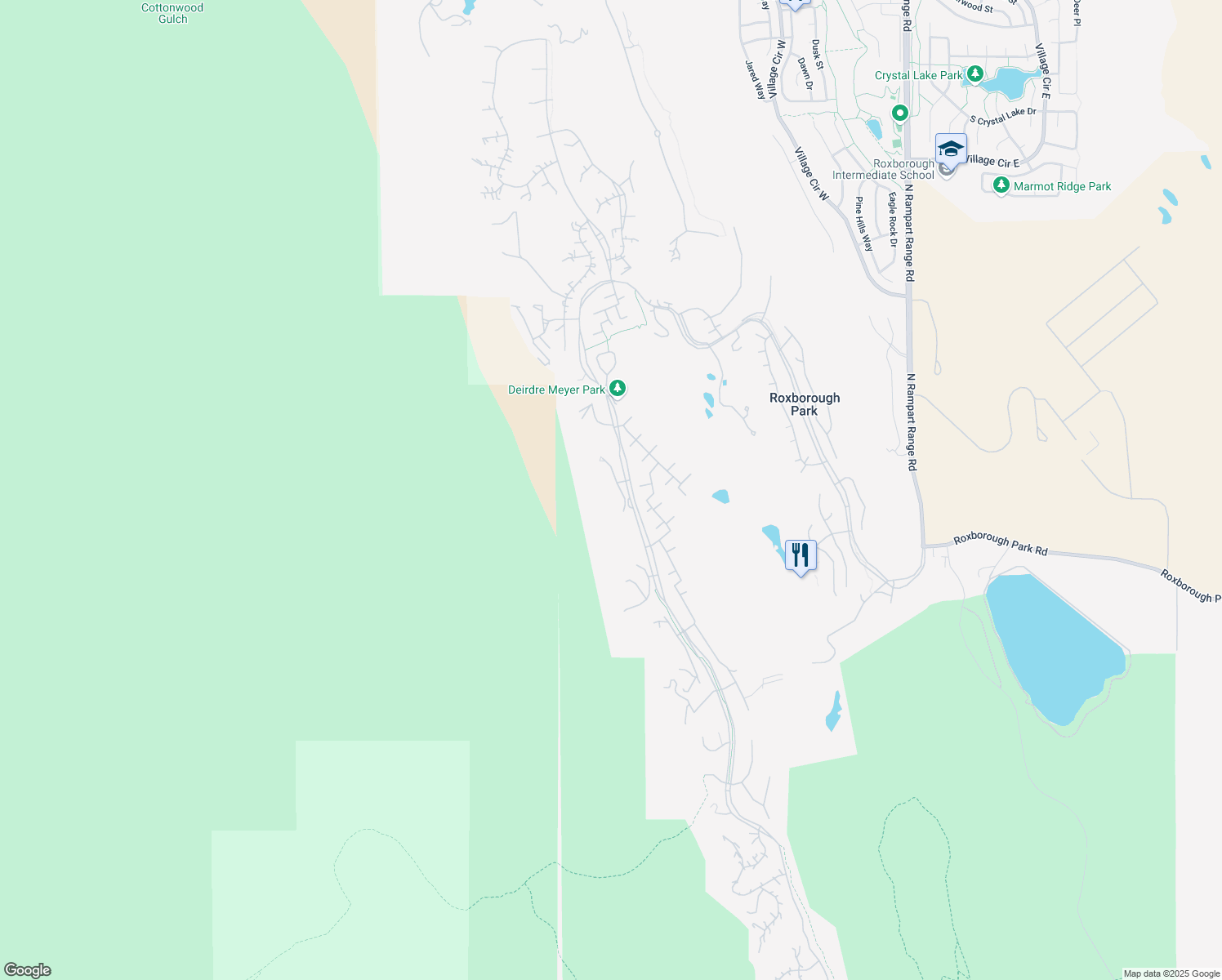 map of restaurants, bars, coffee shops, grocery stores, and more near 6455 Warriors Run in Littleton