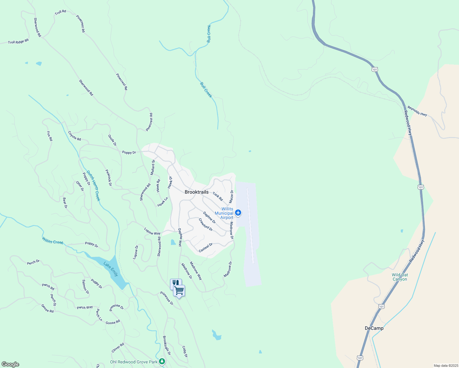 map of restaurants, bars, coffee shops, grocery stores, and more near 27220 Maize Drive in Willits