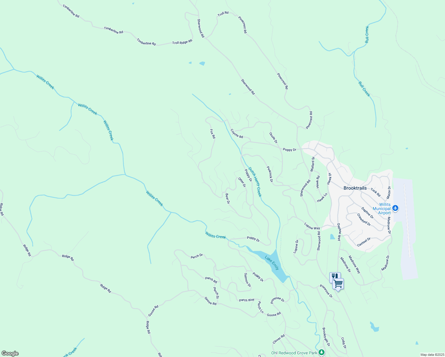 map of restaurants, bars, coffee shops, grocery stores, and more near 27119 Bear Terrace in Willits