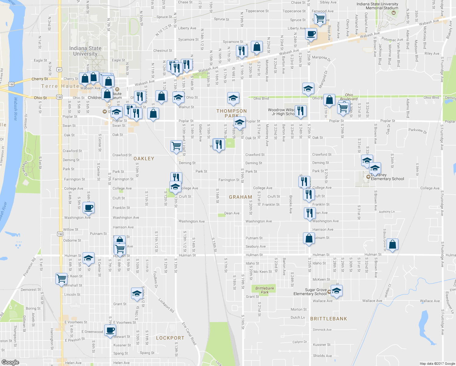 map of restaurants, bars, coffee shops, grocery stores, and more near 999 South 18th Street in Terre Haute