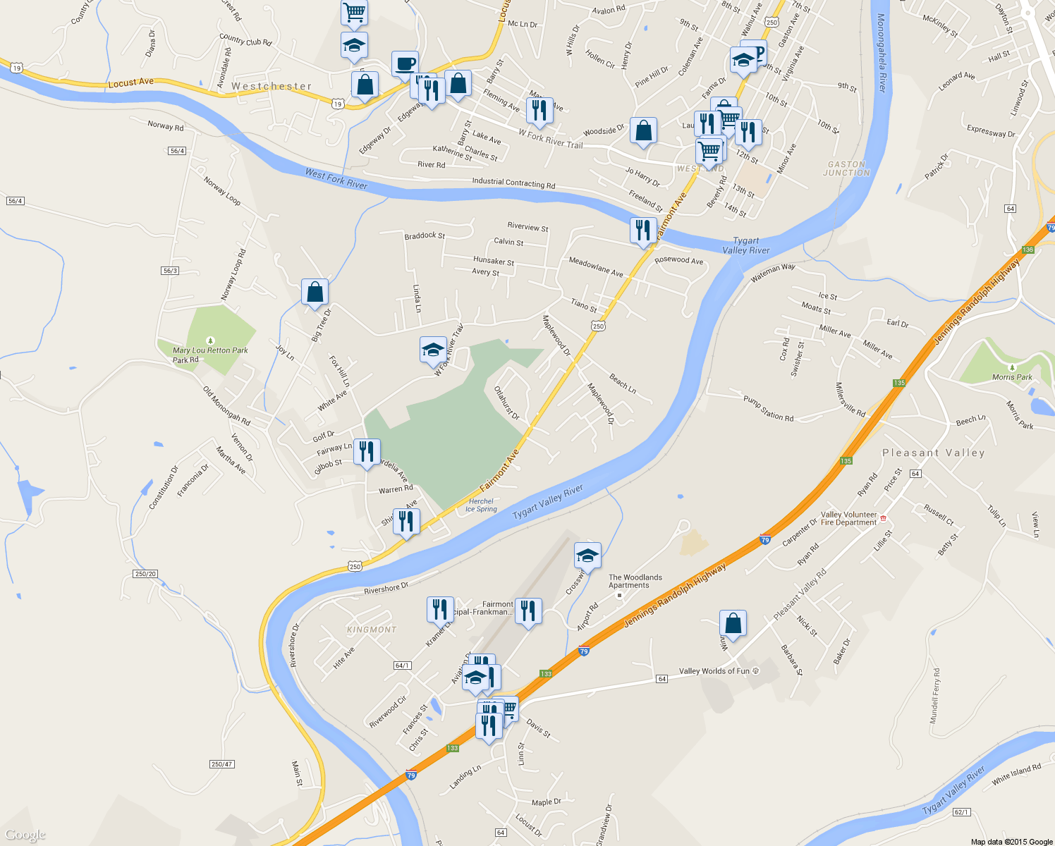 map of restaurants, bars, coffee shops, grocery stores, and more near 1684 Otlahurst Dr in Fairmont