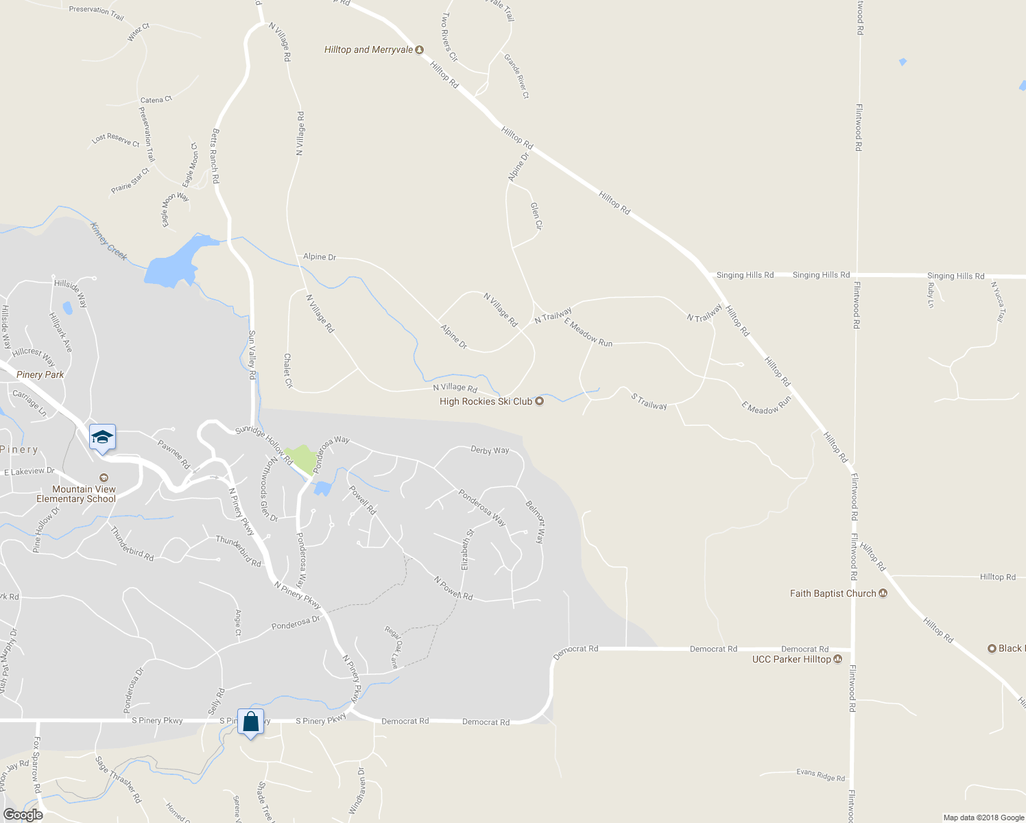 map of restaurants, bars, coffee shops, grocery stores, and more near 6681 North Village Road in Parker