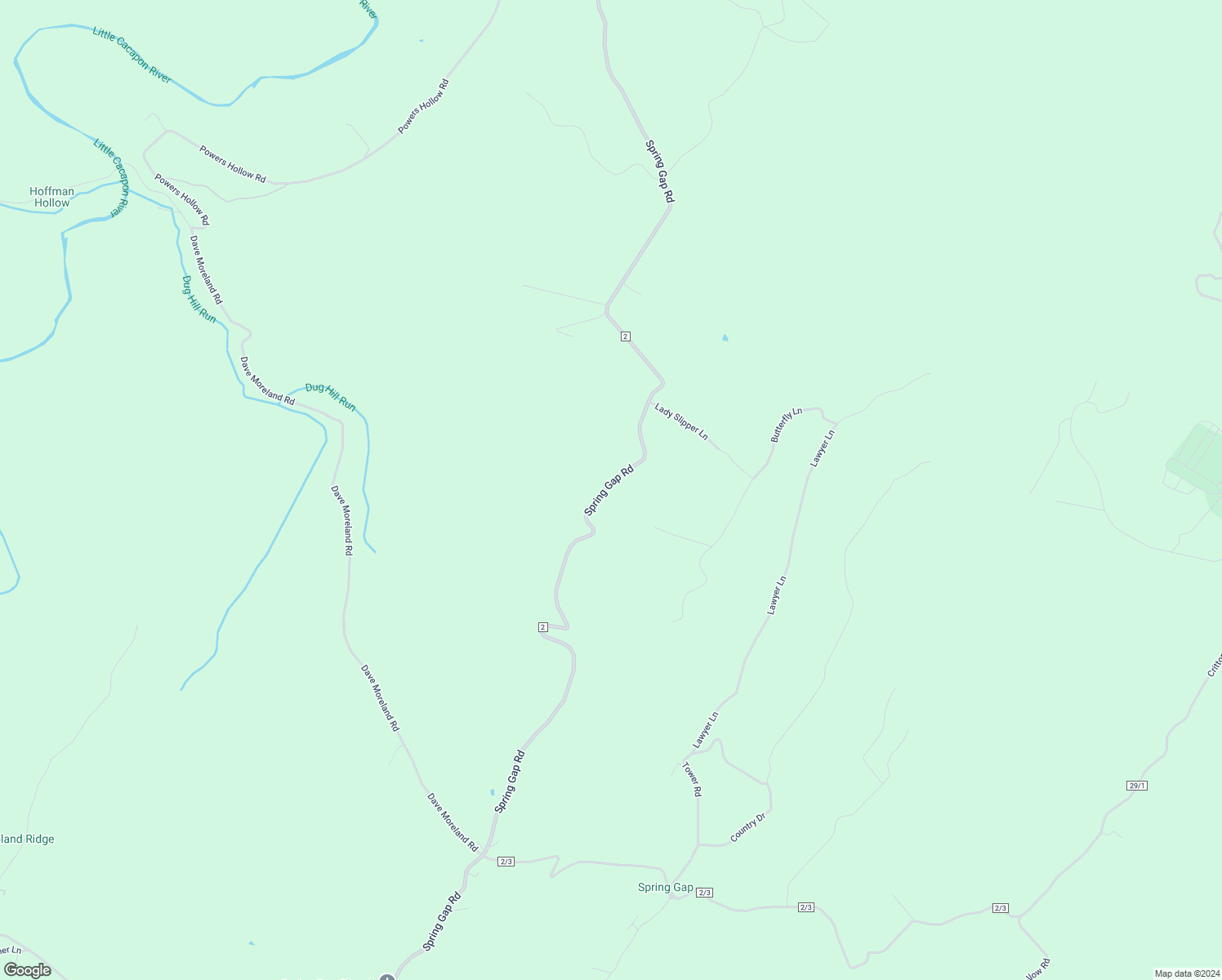 map of restaurants, bars, coffee shops, grocery stores, and more near 6540 Spring Gap Road in Slanesville