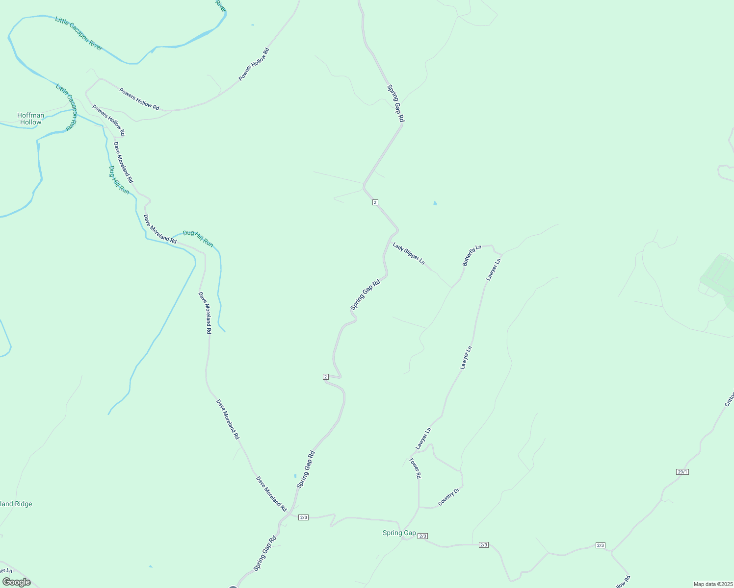 map of restaurants, bars, coffee shops, grocery stores, and more near 6540 Spring Gap Road in Slanesville