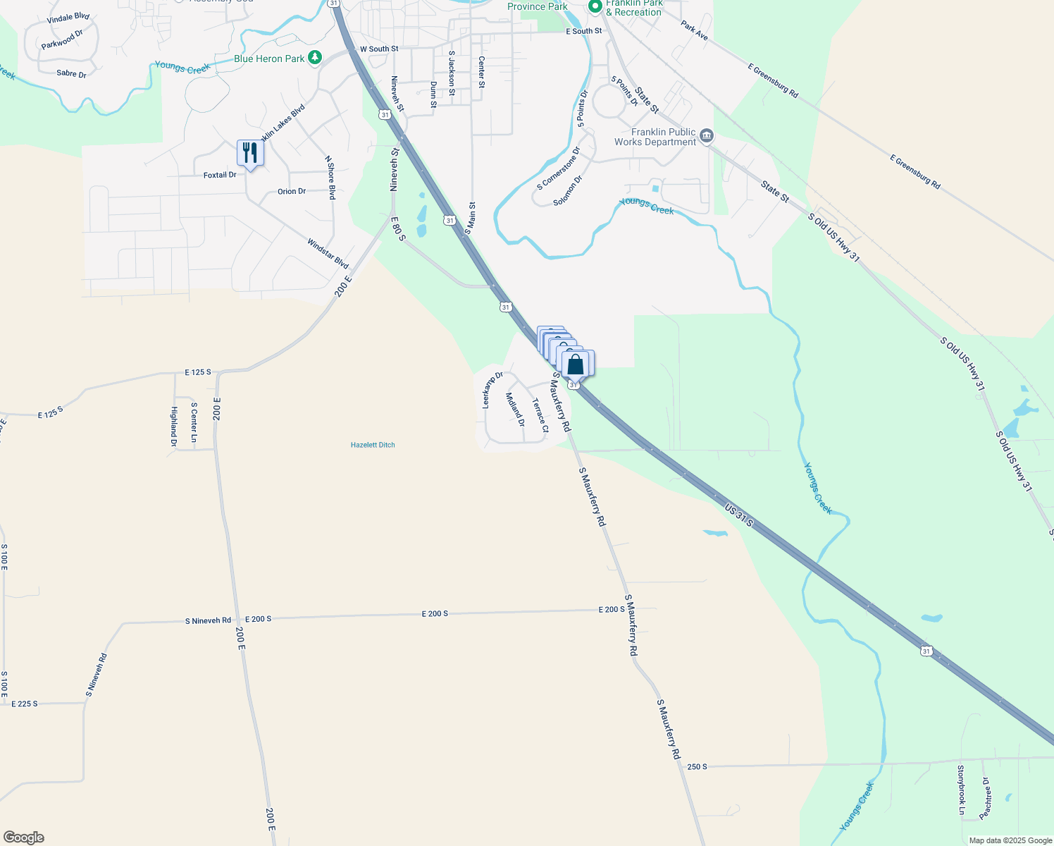 map of restaurants, bars, coffee shops, grocery stores, and more near 1713 Midland Drive in Franklin