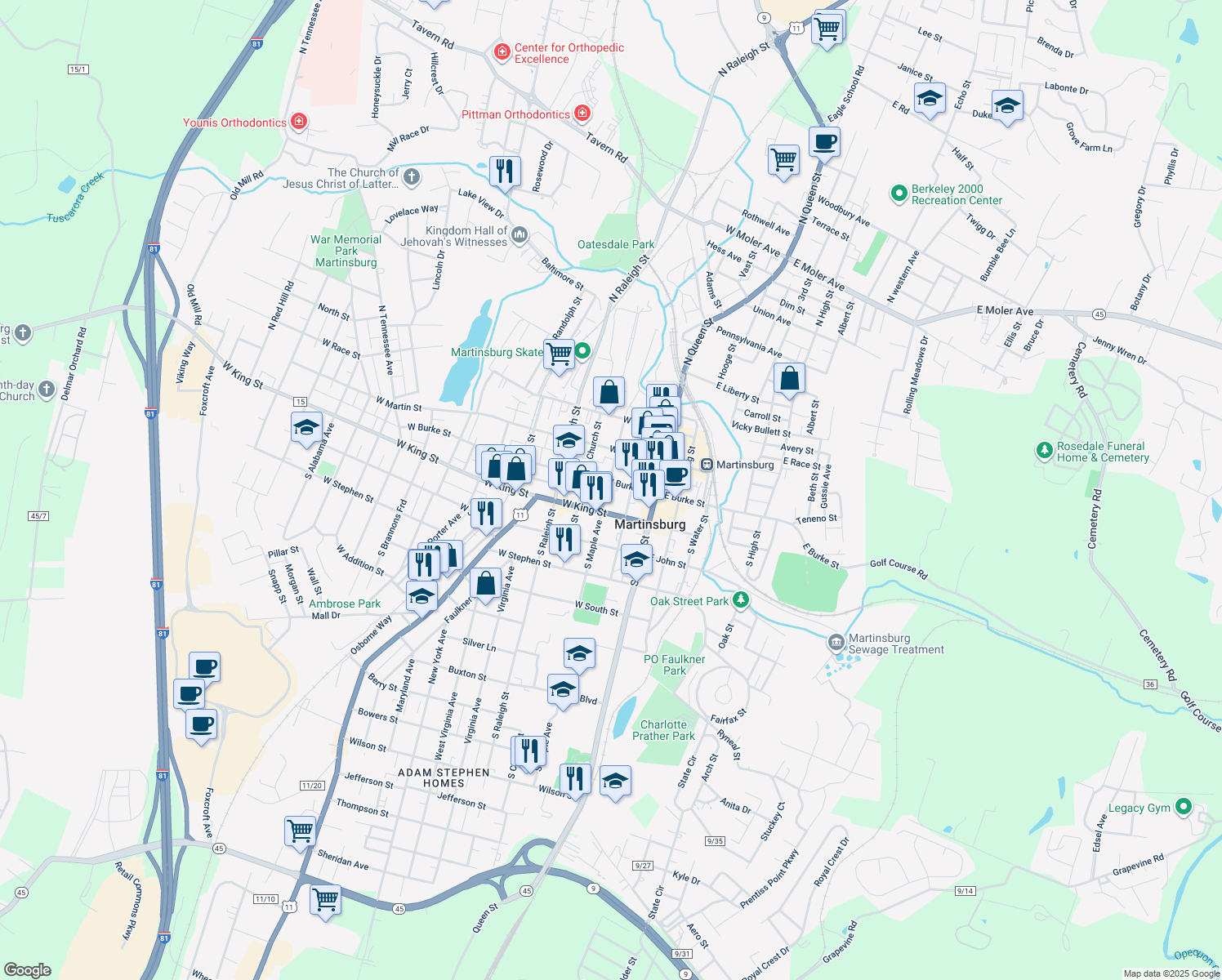 map of restaurants, bars, coffee shops, grocery stores, and more near 106 South Maple Avenue in Martinsburg