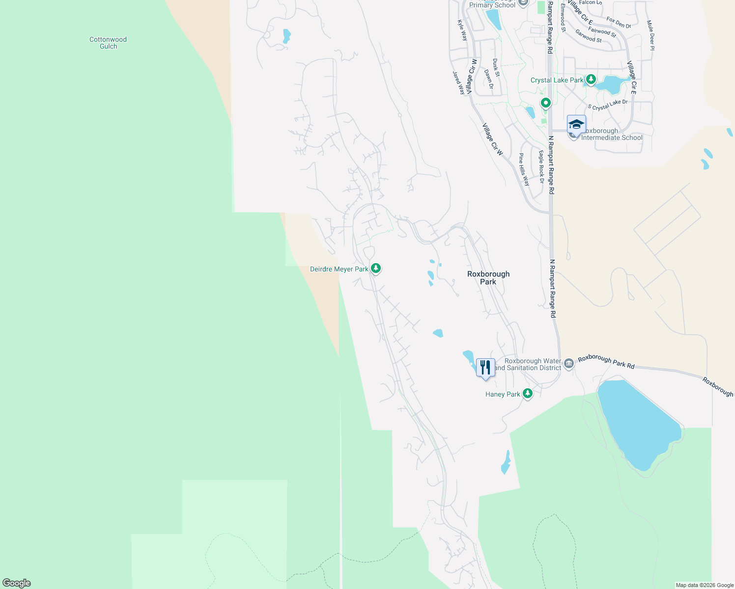 map of restaurants, bars, coffee shops, grocery stores, and more near 6536 Warriors Run in Littleton
